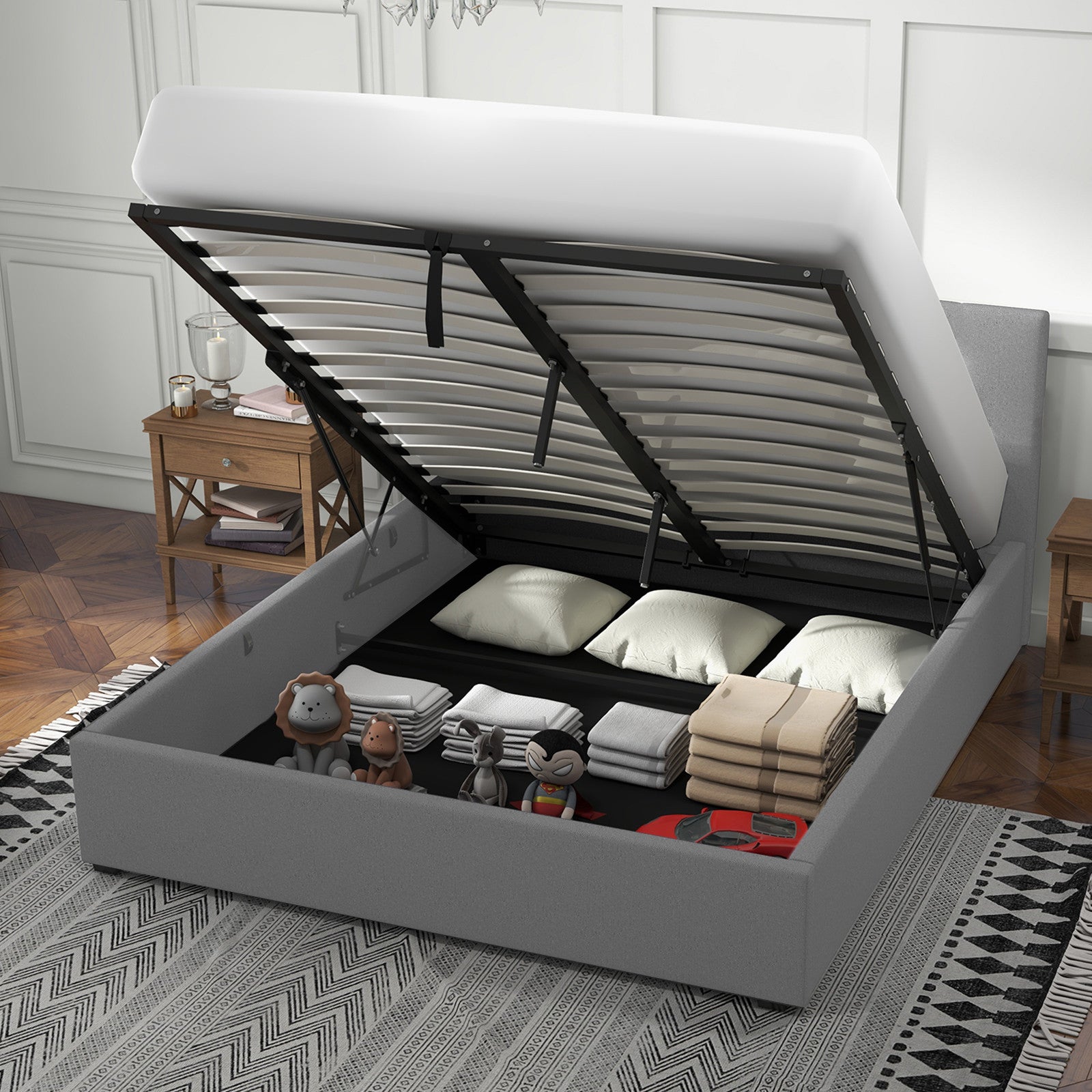 Milano Luxury Gas Lift Bed with Headboard (Model 1) - Grey No.28 - Single-1940198430639001603