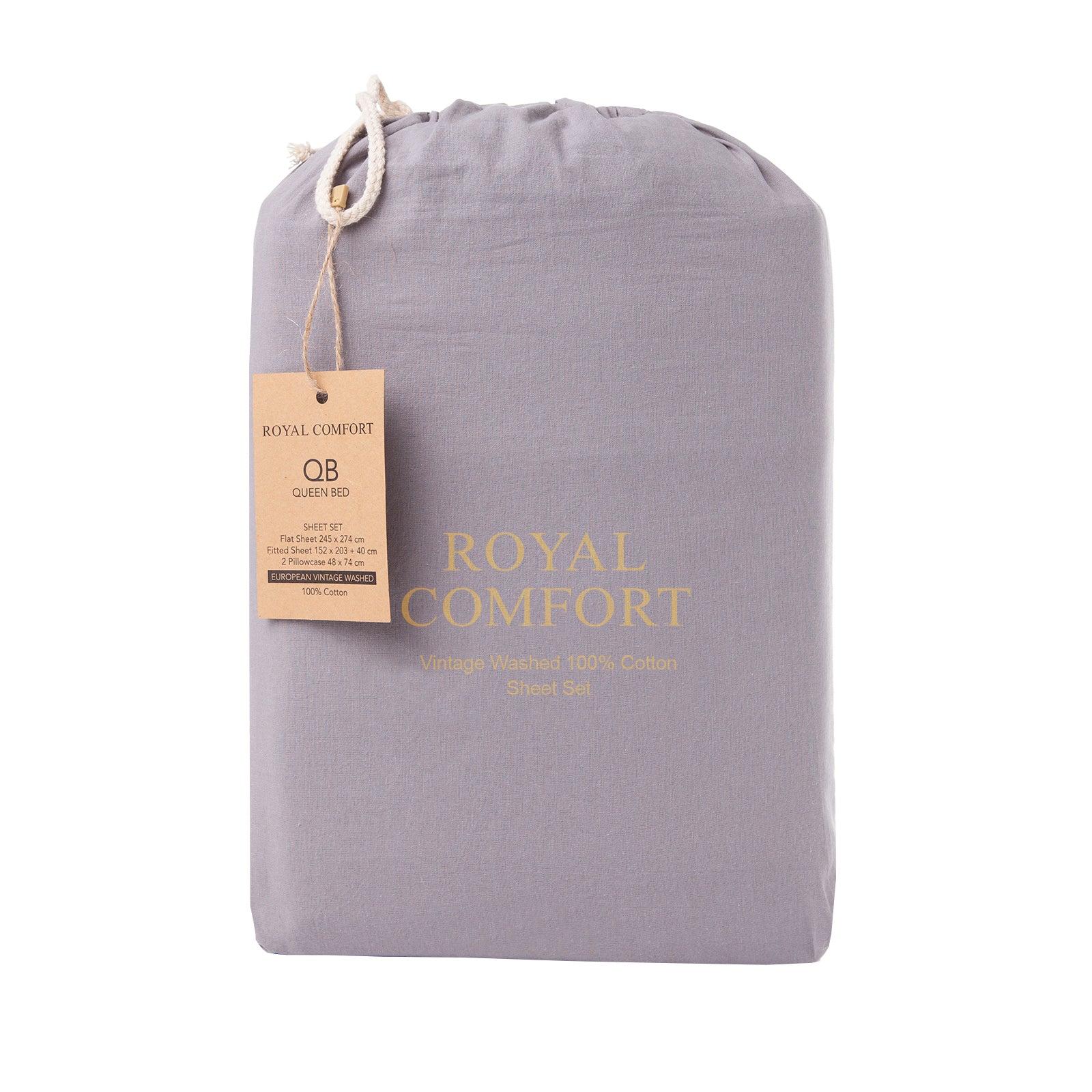 Royal Comfort Vintage Washed 100% Cotton Sheet Set Queen - Grey-1927503912840073219