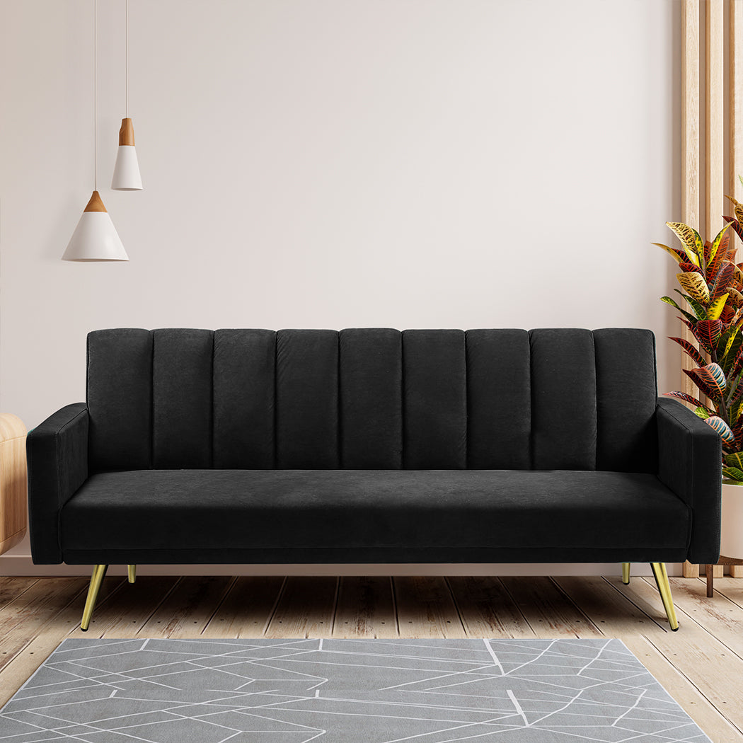 Levede Sofa Bed Convertible Velvet Lounge Recliner Couch Sleeper 3 Seater Black-1910112340699910150