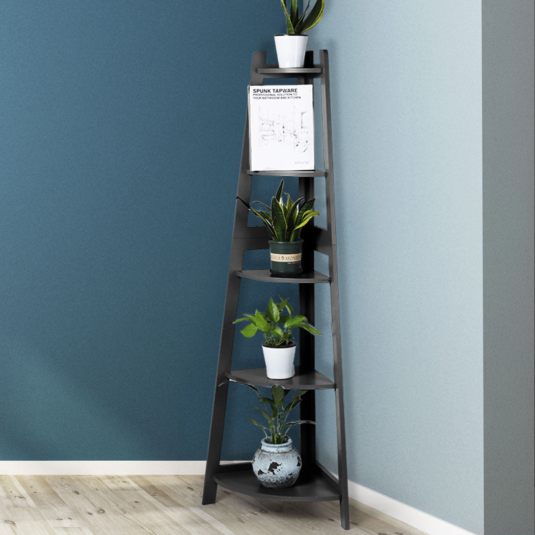 Levede 5 Tier Corner Shelf Wooden Storage Black-1917016724549537798