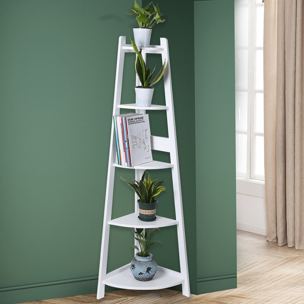 Levede 5 Tier Corner Shelf Wooden Storage White-1917016724704727047