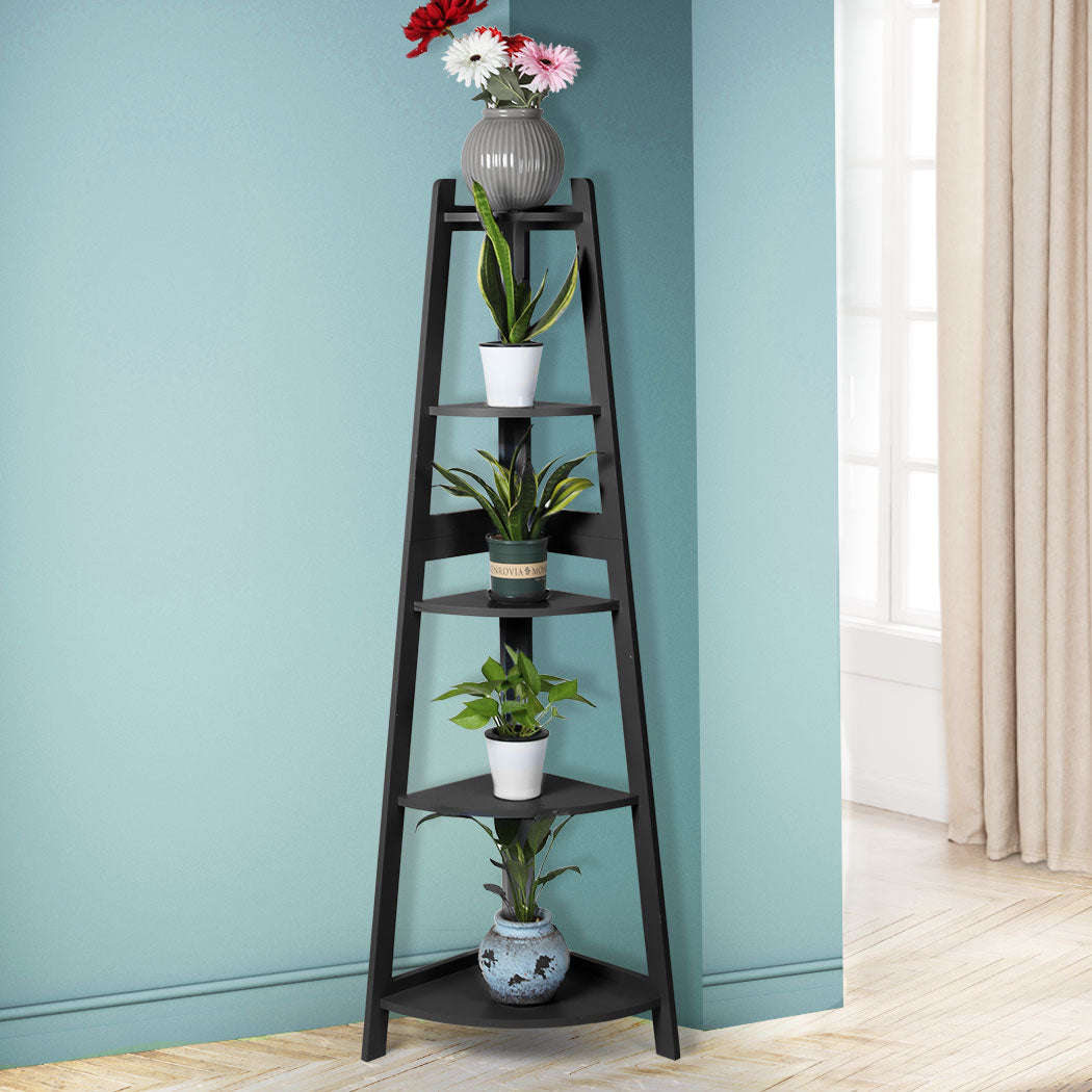 Levede 5 Tier Corner Shelf Wooden Storage Black-1917016724549537799