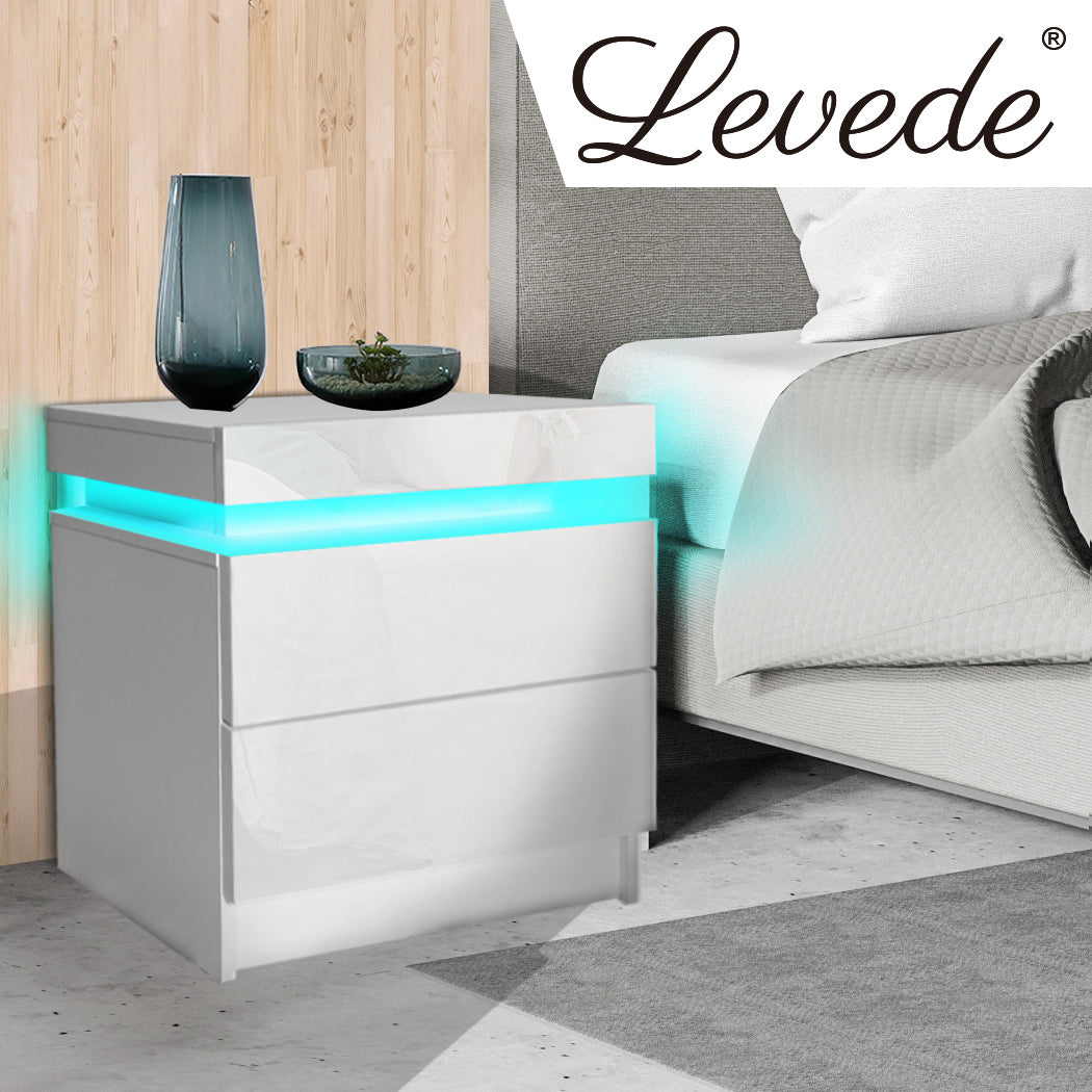 Levede Bedside Tables RGB LED Side Table White-1910113068625563655