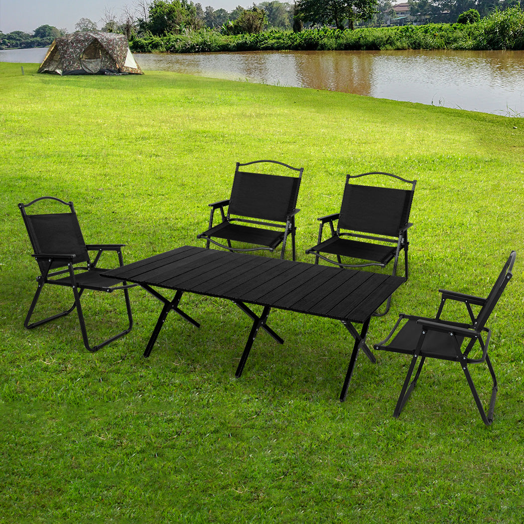 Levede Folding Camping Table Chair Set Black-1942353032335462407