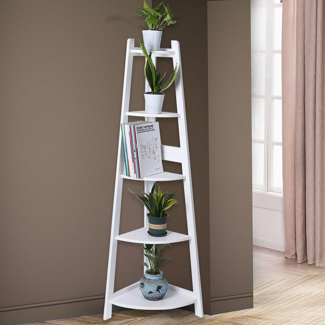 Levede 5 Tier Corner Shelf Wooden Storage White-1917016724704727046