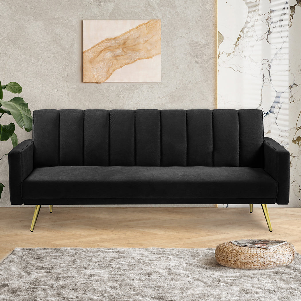 Levede Sofa Bed Convertible Velvet Lounge Recliner Couch Sleeper 3 Seater Black-1910112340699910151