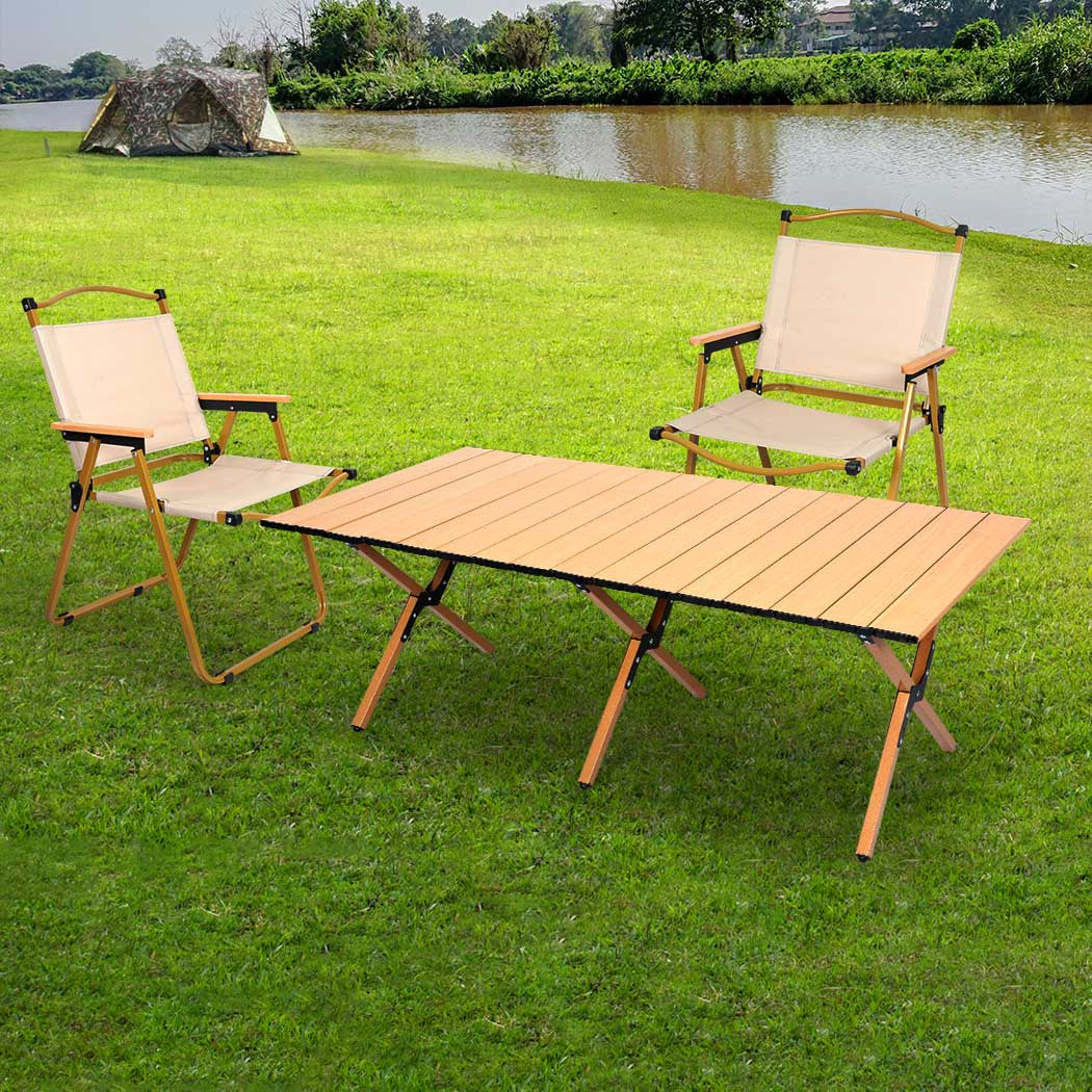 Levede Folding Camping Table Chair Set Oak-1942353031467241479