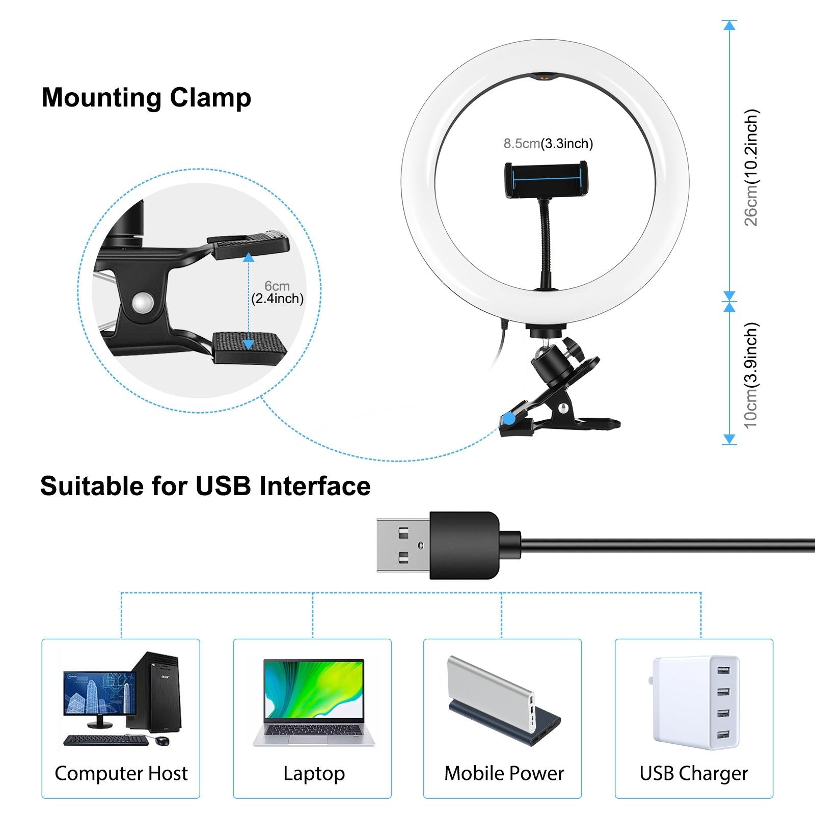 10.2 Ring Light With Monitor Clip & Usb 3 Modes Dual Colour Temperature Dimmable Curved Diffuse Vlogging Selfie Beauty Photography Video Lights Phone Clamp - Black-1915196778140012546