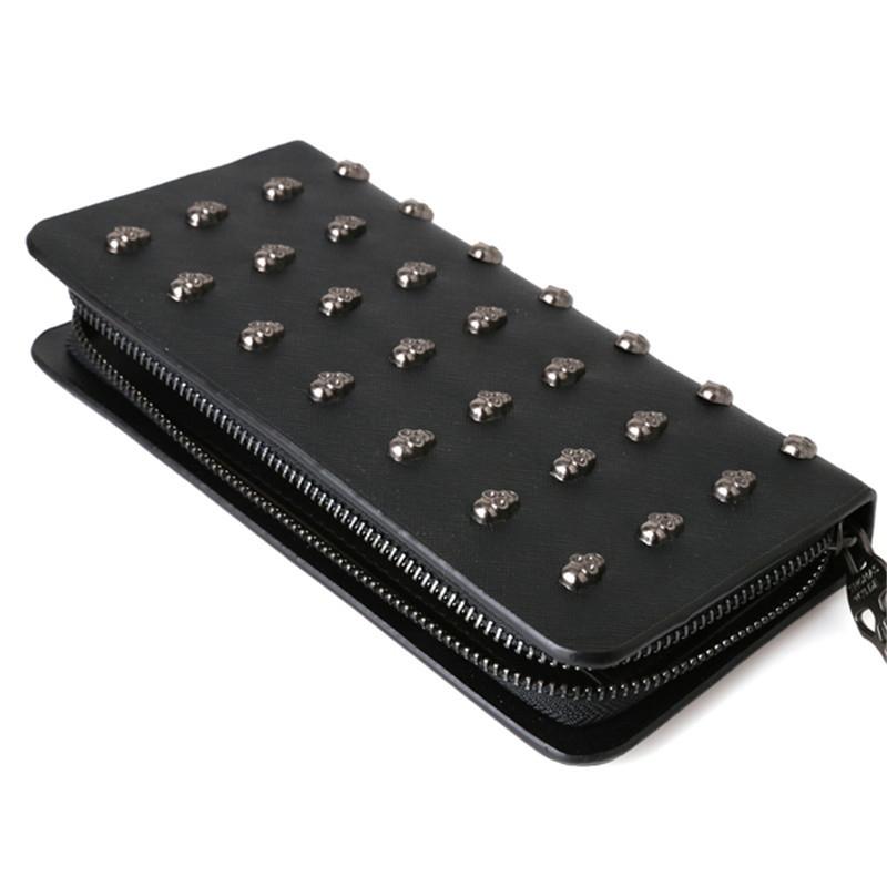 Leather Wristlet Handbag With Metal Skull Design-1915198239058038786