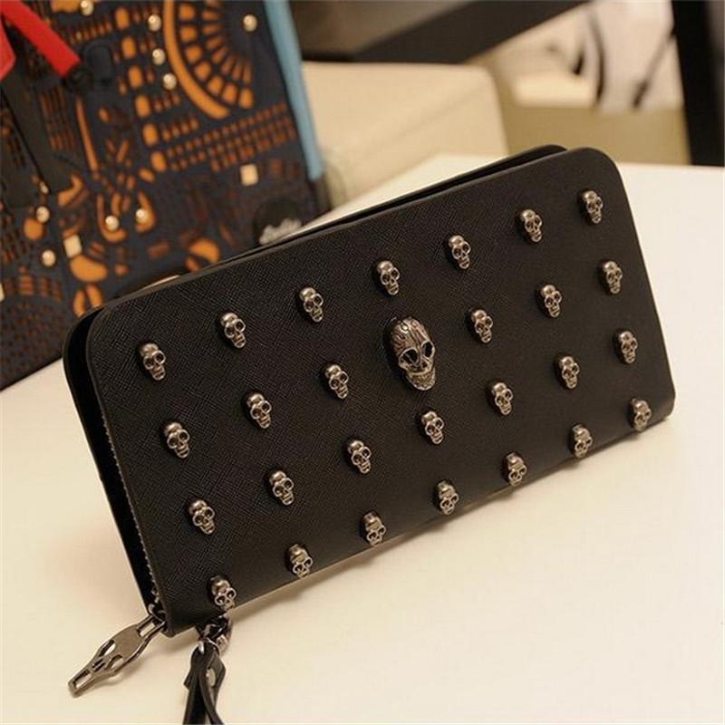 Leather Wristlet Handbag With Metal Skull Design-1915198239058038791