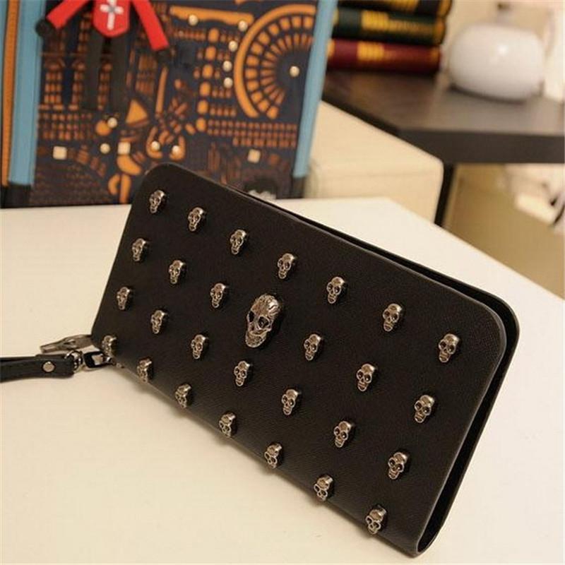 Leather Wristlet Handbag With Metal Skull Design-1915198239058038792