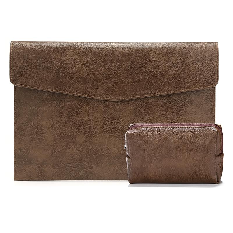 14 Laptop Sleeve & Power Bag - Litchi Leather Dark Brown-1915197616153563143