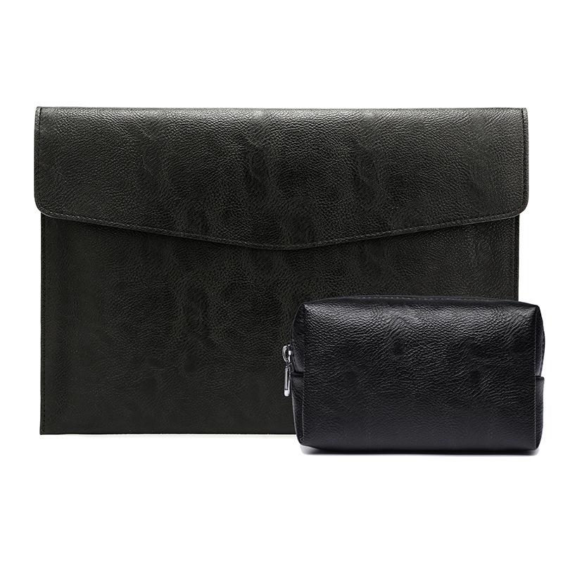 14 Litchi Pattern Laptop Sleeve & Power Bag - Black Leather-1915197432631791616