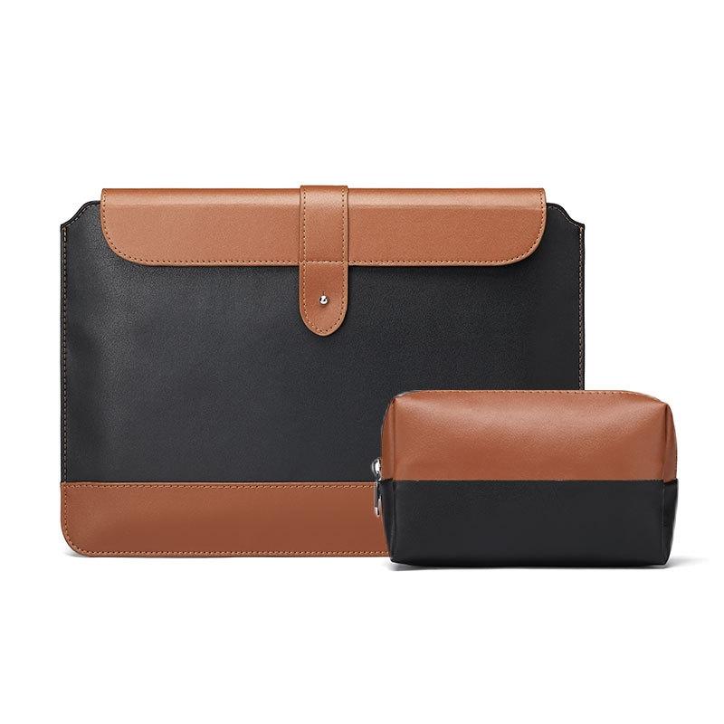 14-15.4 Inch Horizontal Microfiber Notebook Liner & Power Bag - Black & Brown-1915197661632401415