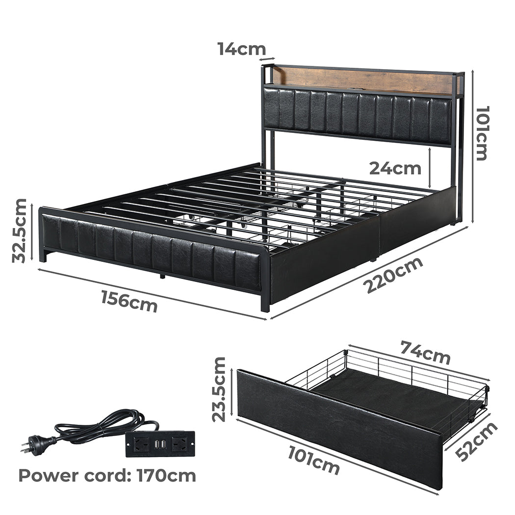 Levede Queen Bed Frame PU 4 Drawer USB Charge-1910113213018673154