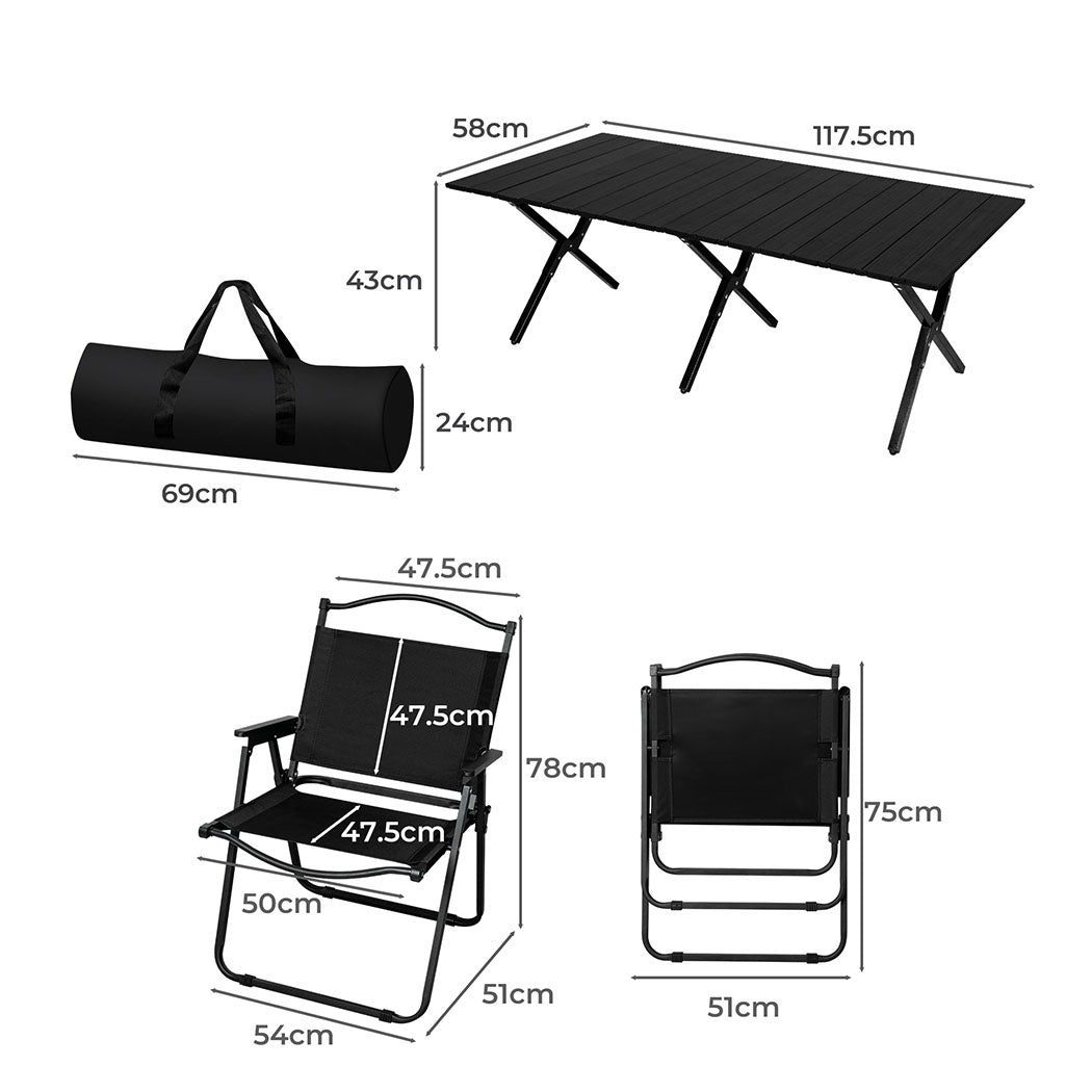 Levede Folding Camping Table Chair Set Black-1942353032335462402