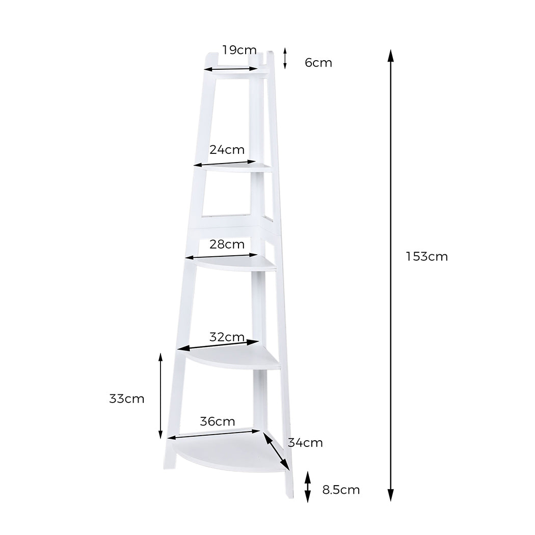 Levede 5 Tier Corner Shelf Wooden Storage White-1917016724704727042