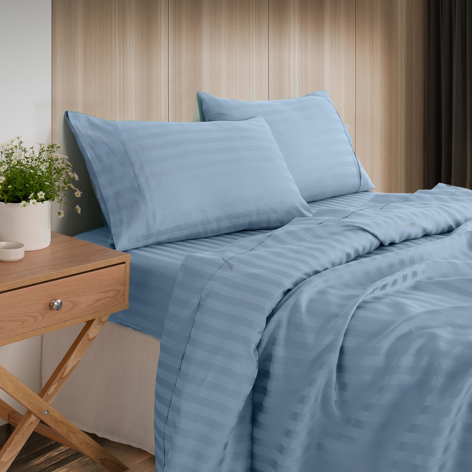 Royal Comfort 1200TC COTTON STRIPE -3PC FITTED COMBO SETS QUEEN CHAMBRAY-1927503901494480896