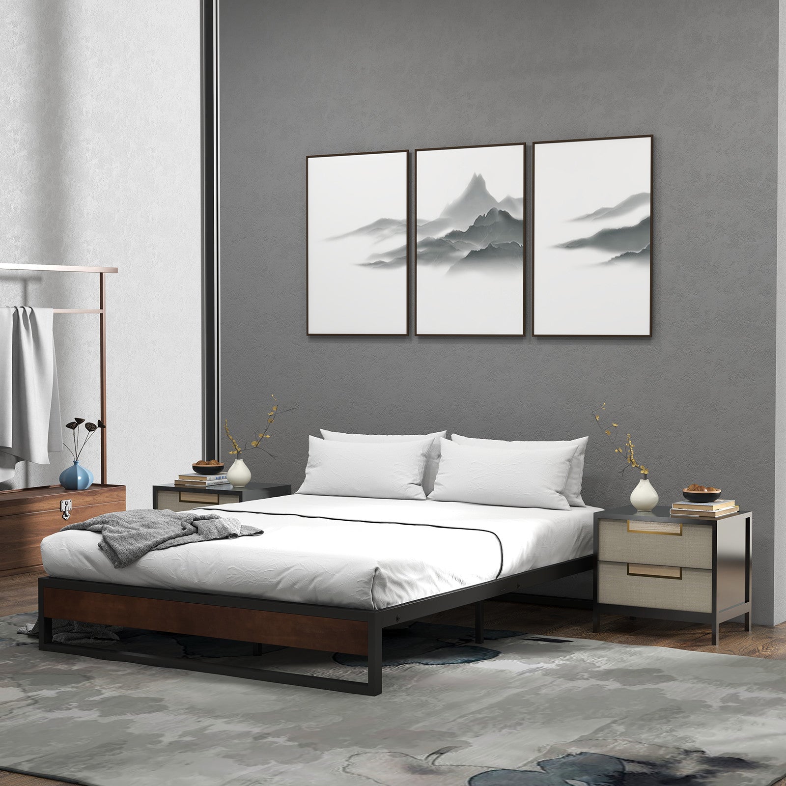 Sorrento Metal and Wood bed base - Queen-1927503924332466183