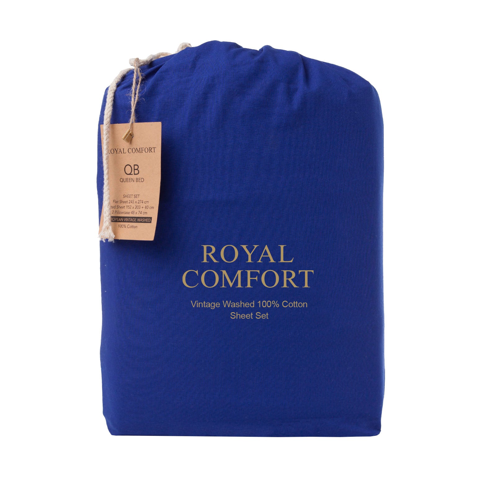 Royal Comfort Vintage Washed 100% Cotton Sheet Set Queen - Royal Blue-1927503912546471939