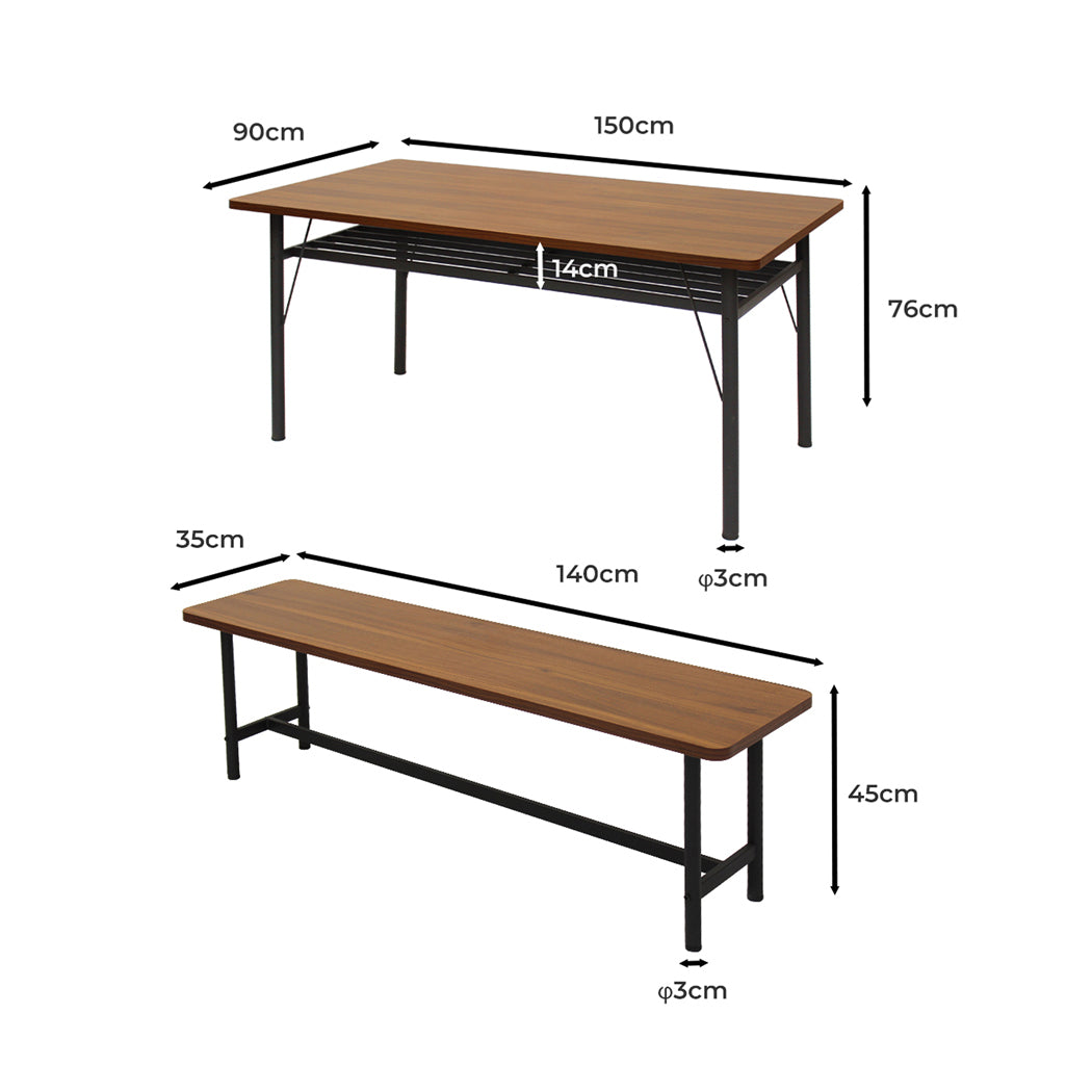 Levede 1x Dining Table +1x Bench Set Steel Home Kitchen Farmhouse Brown-1910113302315405314