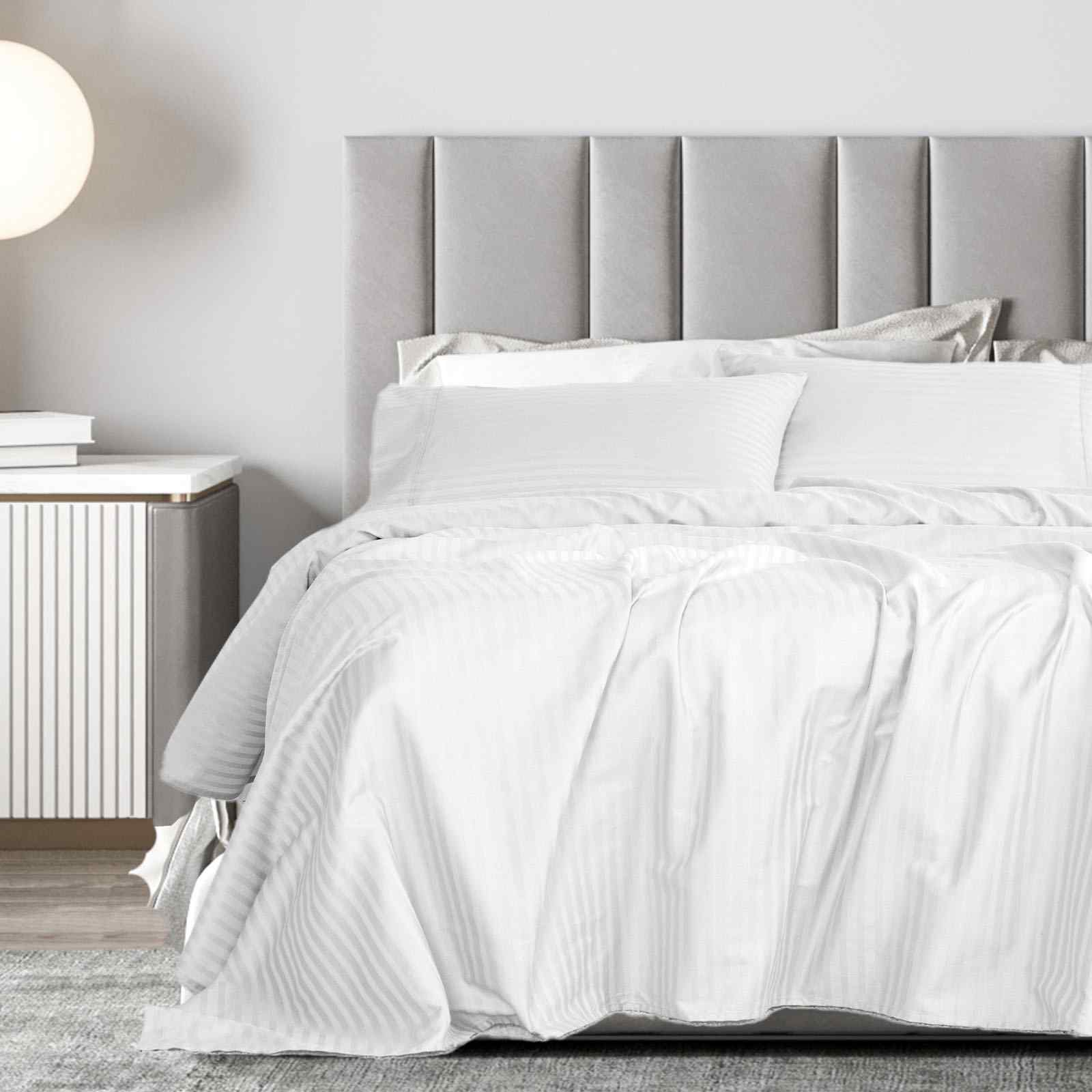 Royal Comfort 1200 Thread count Damask Stripe Cotton Blend sheet sets Queen White-1927503895127527425