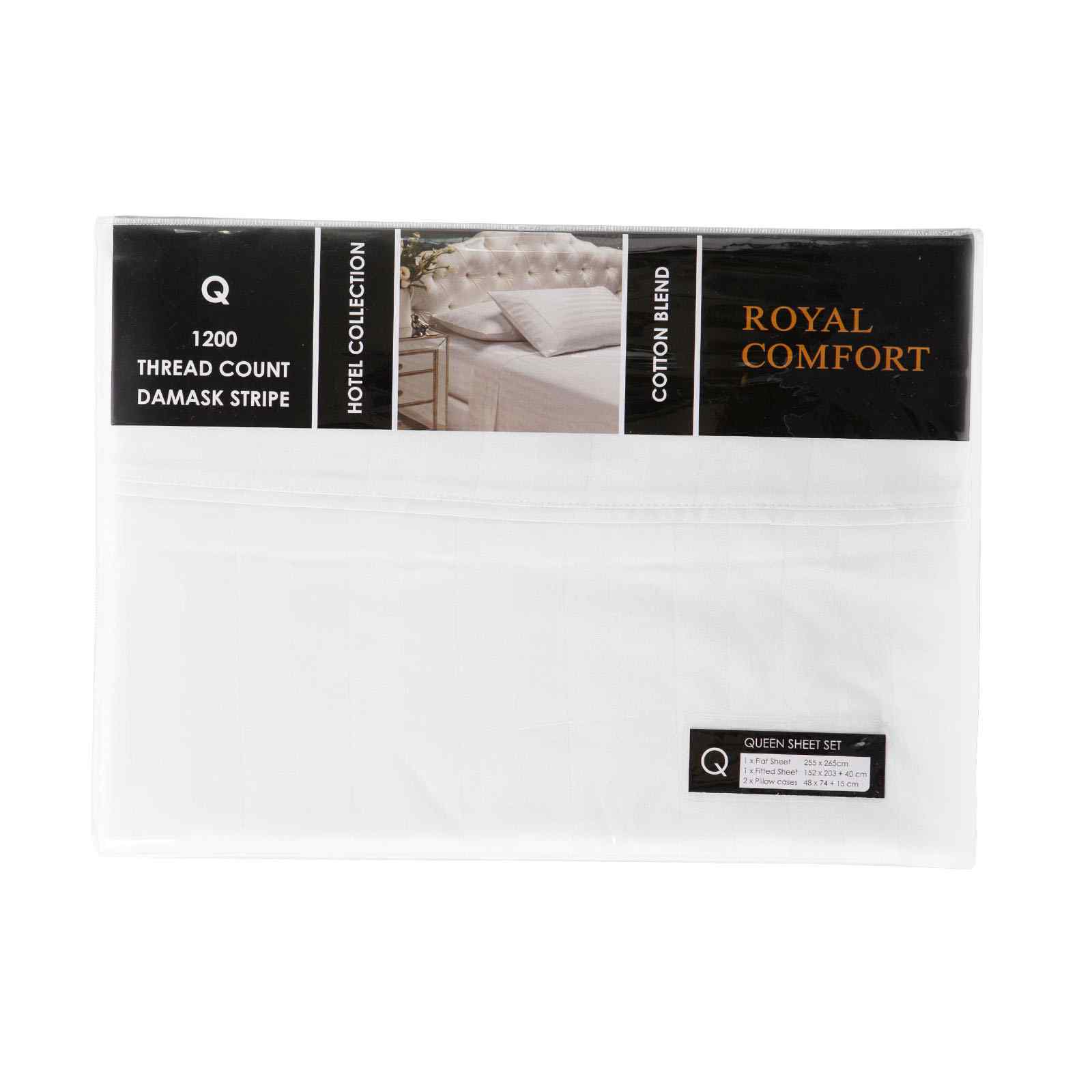 Royal Comfort 1200 Thread count Damask Stripe Cotton Blend sheet sets Queen White-1927503895127527426