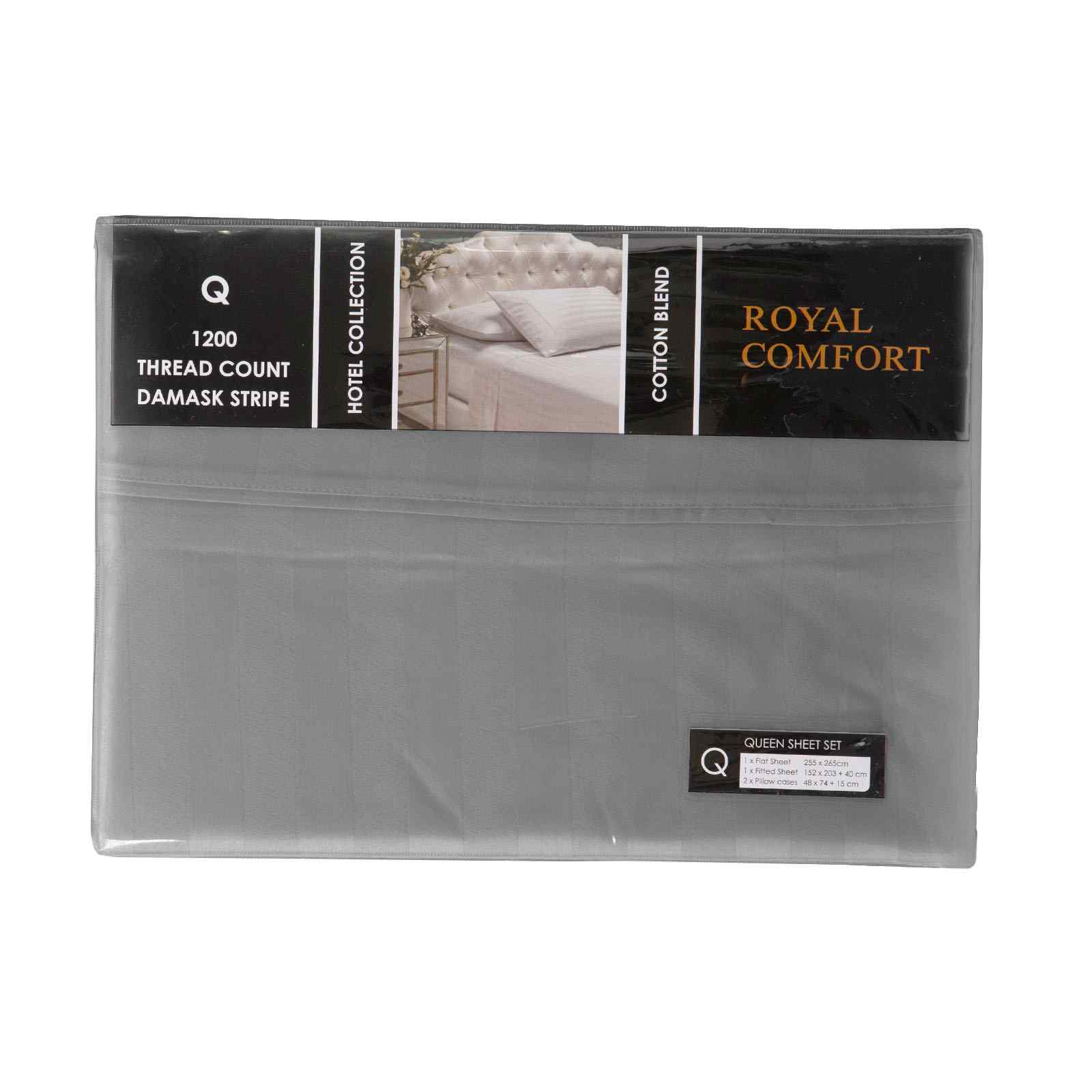 Royal Comfort 1200 Thread count Damask Stripe Cotton Blend sheet sets Queen Charcoal Grey-1927503895278522370