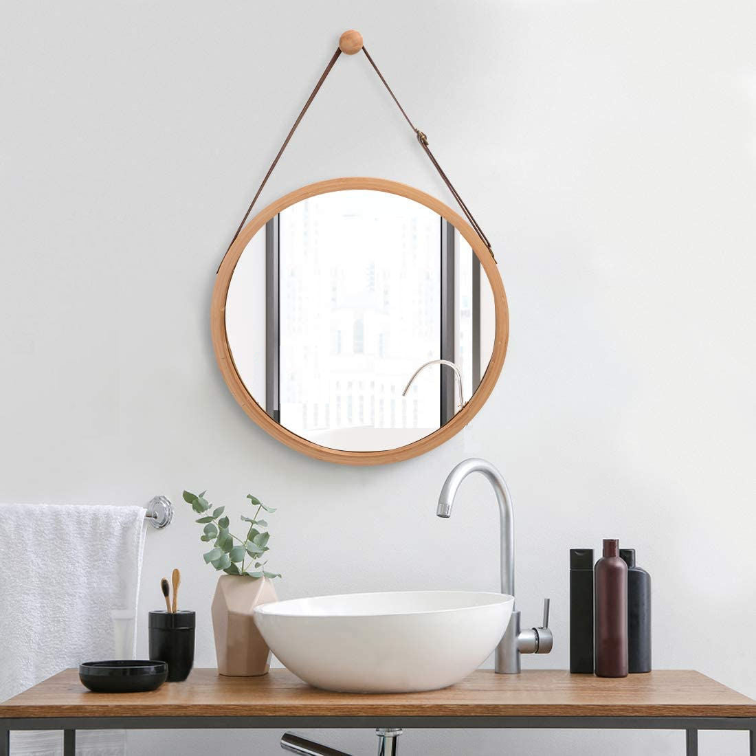 CARLA HOME Hanging Wall Mirror 45cm - Solid Bamboo Frame and Adjustable Leather Strap for Bathroom and Bedroom, Vanity Mirror, Makeup Mirror, Face Mirrors, Wall Shelf Mirror (Round 45 cm)-1978962234897993729