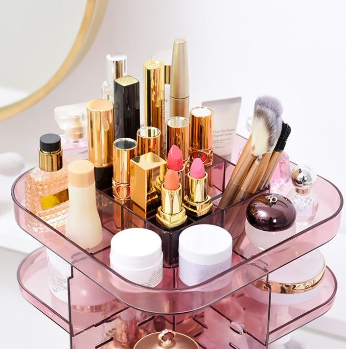 CARLA HOME 360 Rotating Large Capacity Makeup Organizer for Bedroom and Bathroom (Pink)-1978962239369121793