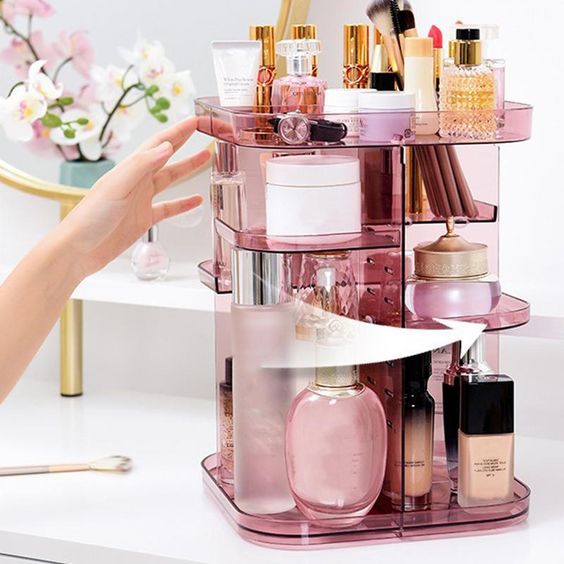 CARLA HOME 360 Rotating Large Capacity Makeup Organizer for Bedroom and Bathroom (Pink)-1978962239369121794