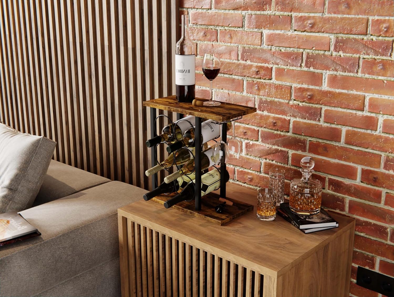 CARLA HOME Wine Rack Countertop Wooden & Metal Holder for 6 Bottles & 2 Glasses-1992735291244417027