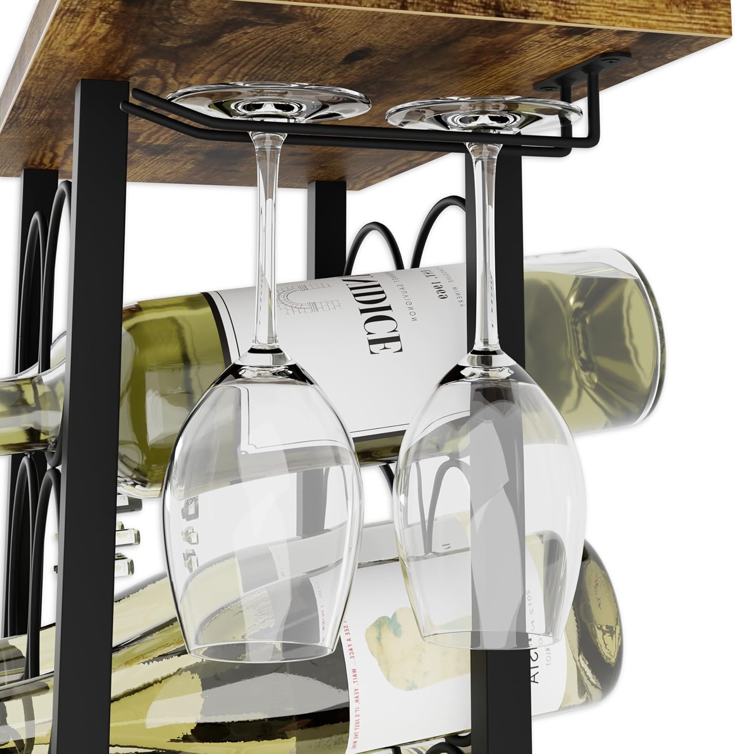 CARLA HOME Wine Rack Countertop Wooden & Metal Holder for 6 Bottles & 2 Glasses-1992735291244417029