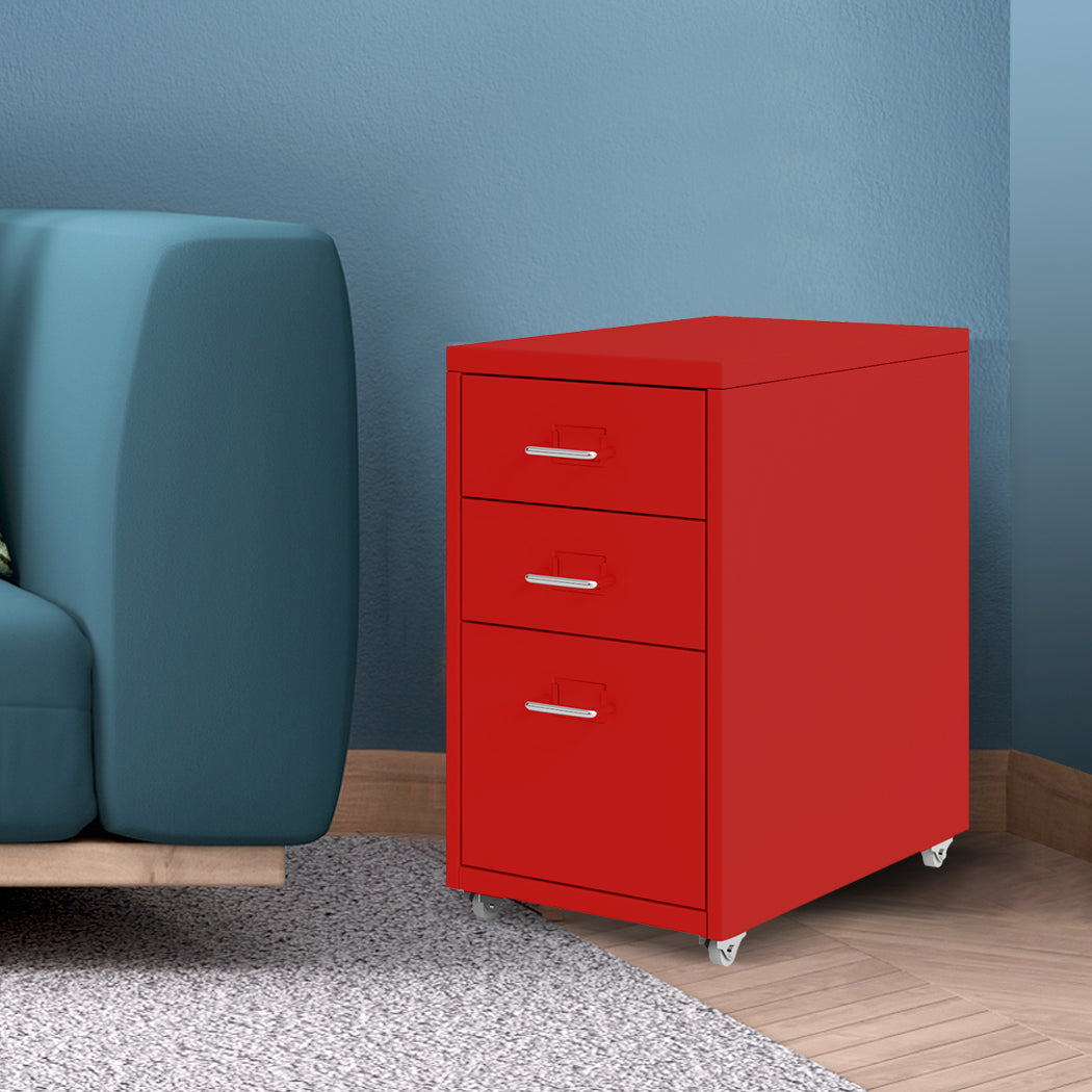 Levede 3 Drawer Office Drawers Cabinet Red-1910113086275194886