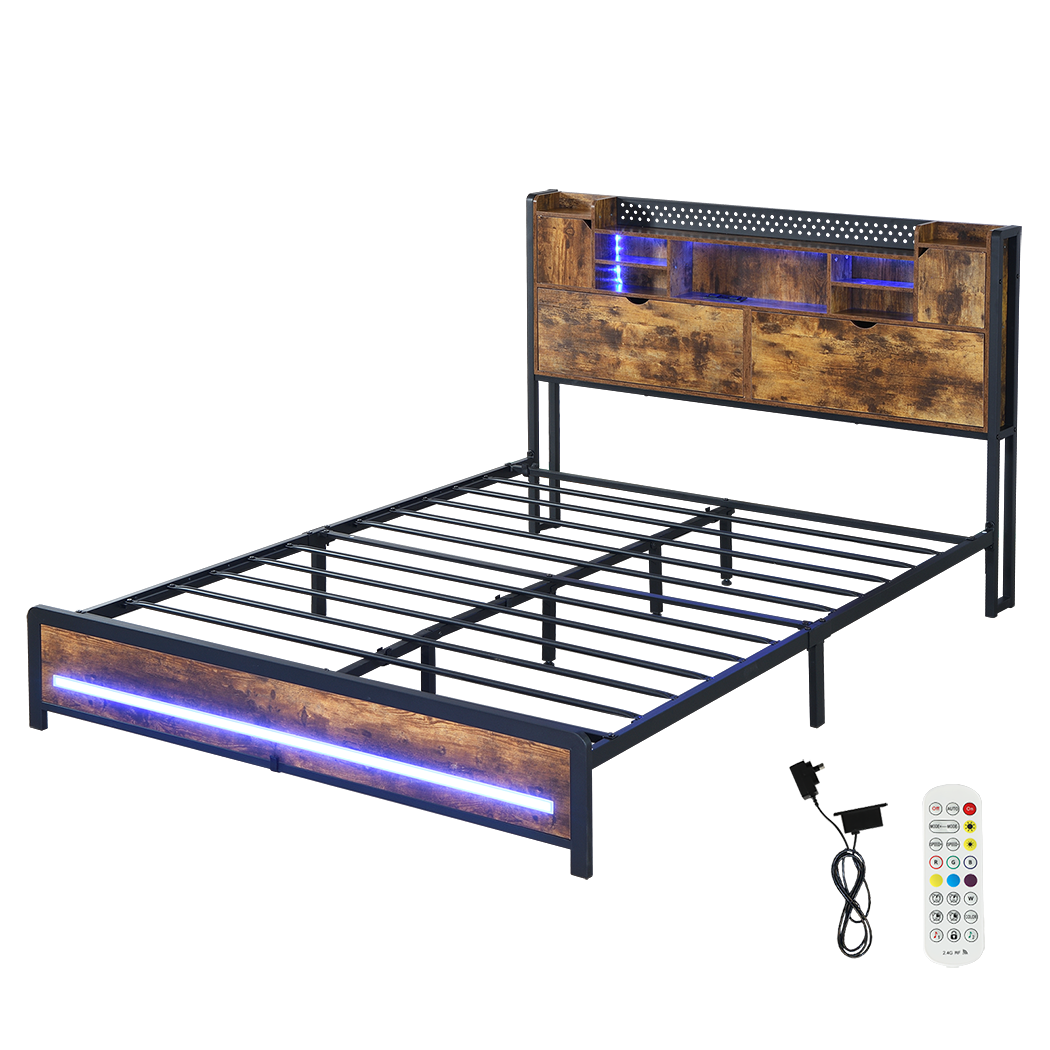 Levede Double Bed Frame Storage Headboard Industrial-1910112272865431560