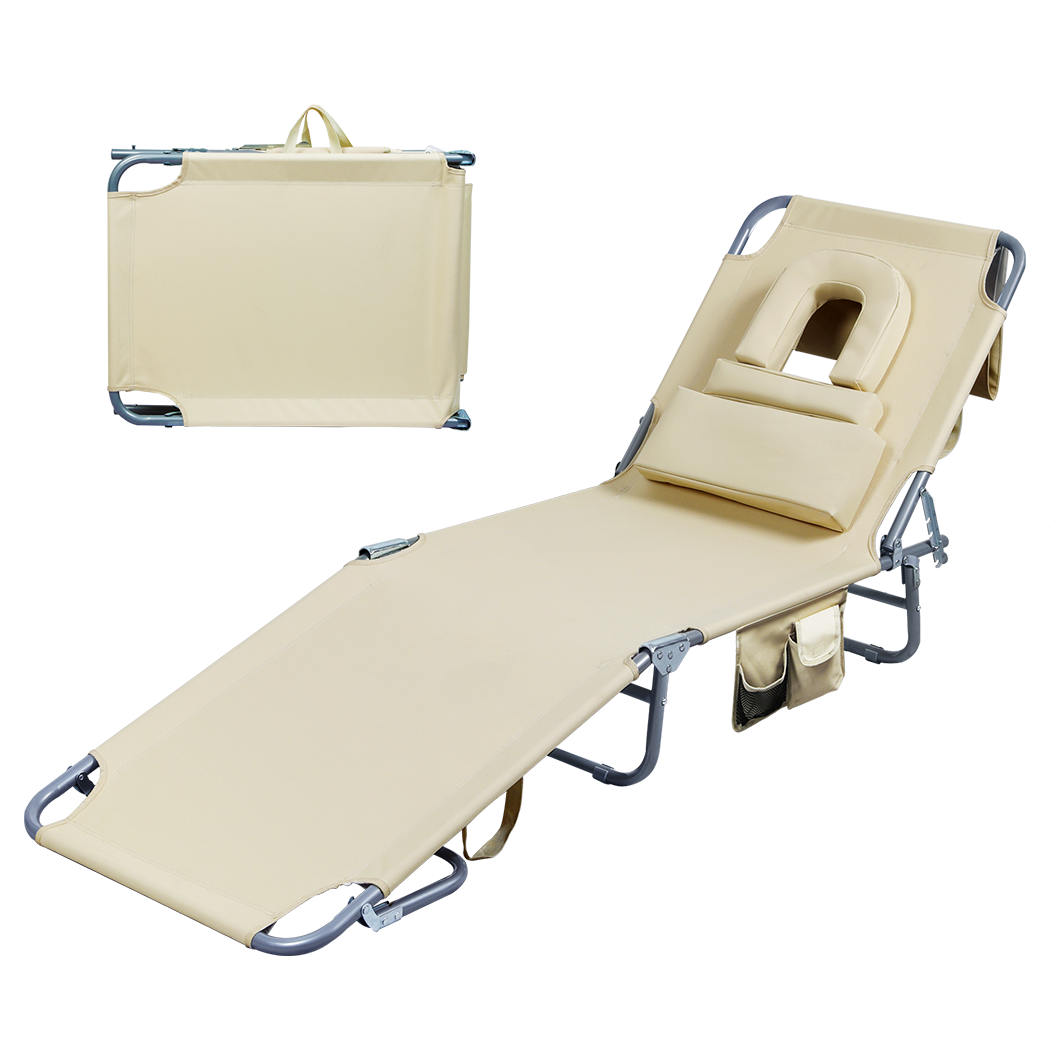 Levede Foldable Beach Lounge Chairs with Face Hole Khaki-1910112249029201928