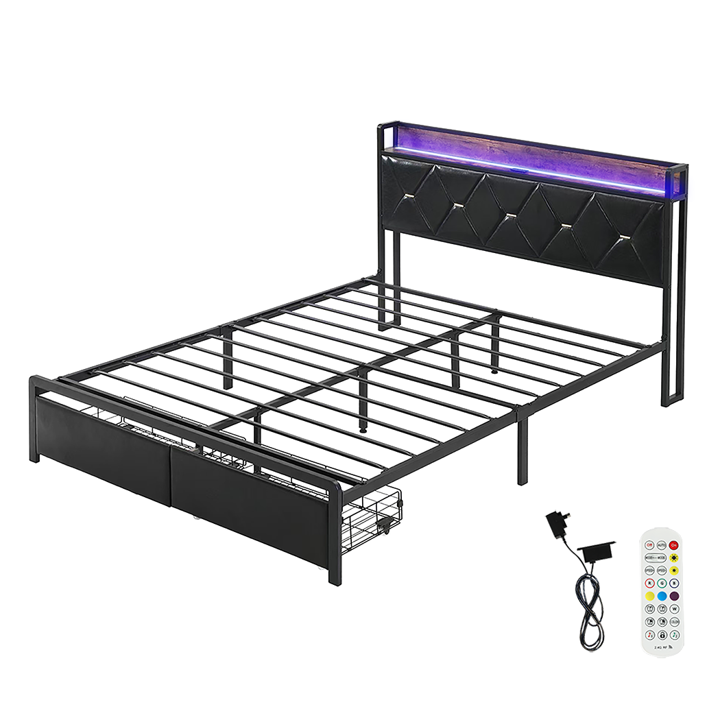 Levede Double Metal Bed Frame LED Lights 2 Drawers-1910112268906008584