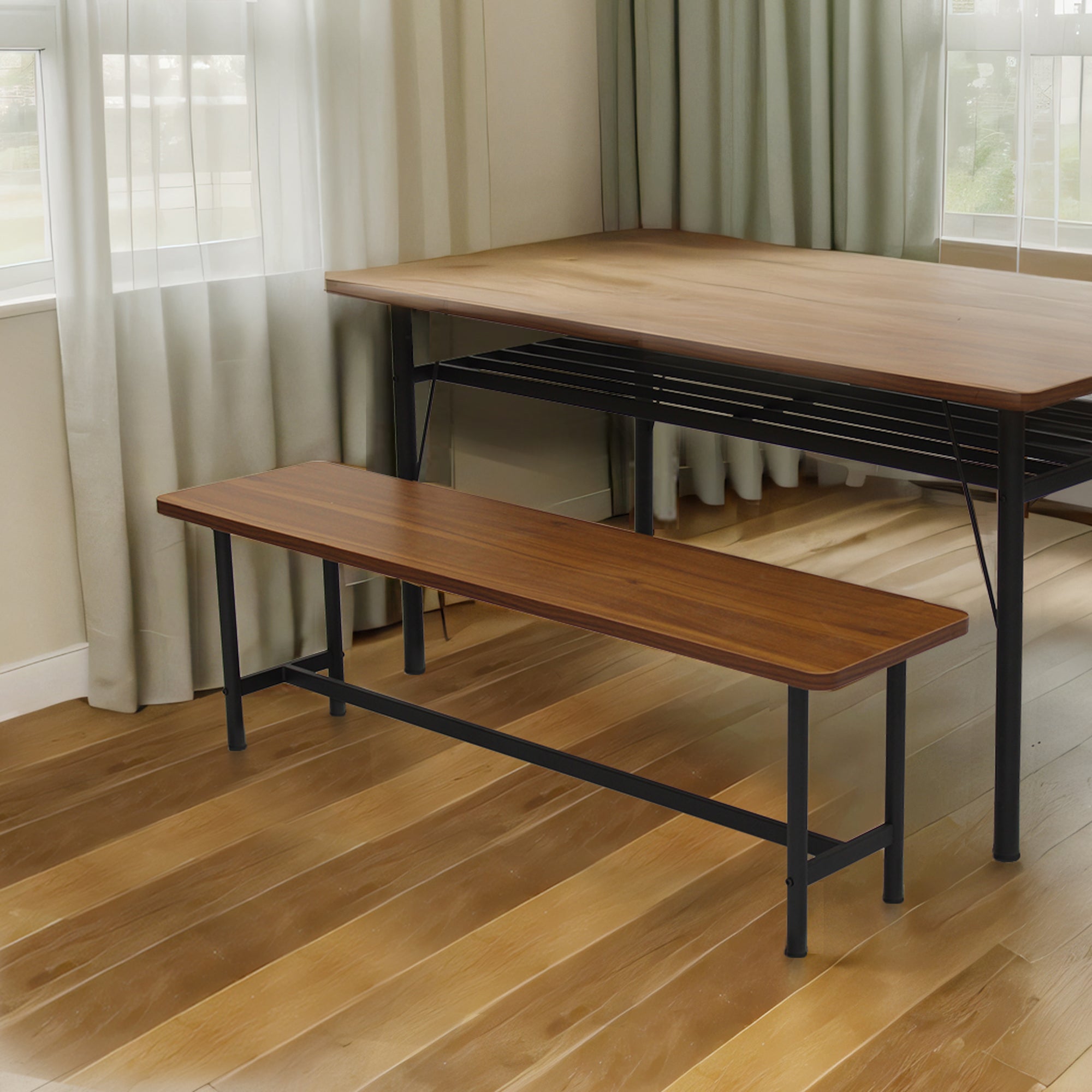 Levede 1x Dining Table +1x Bench Set Steel Home Kitchen Farmhouse Brown-1910113302315405319