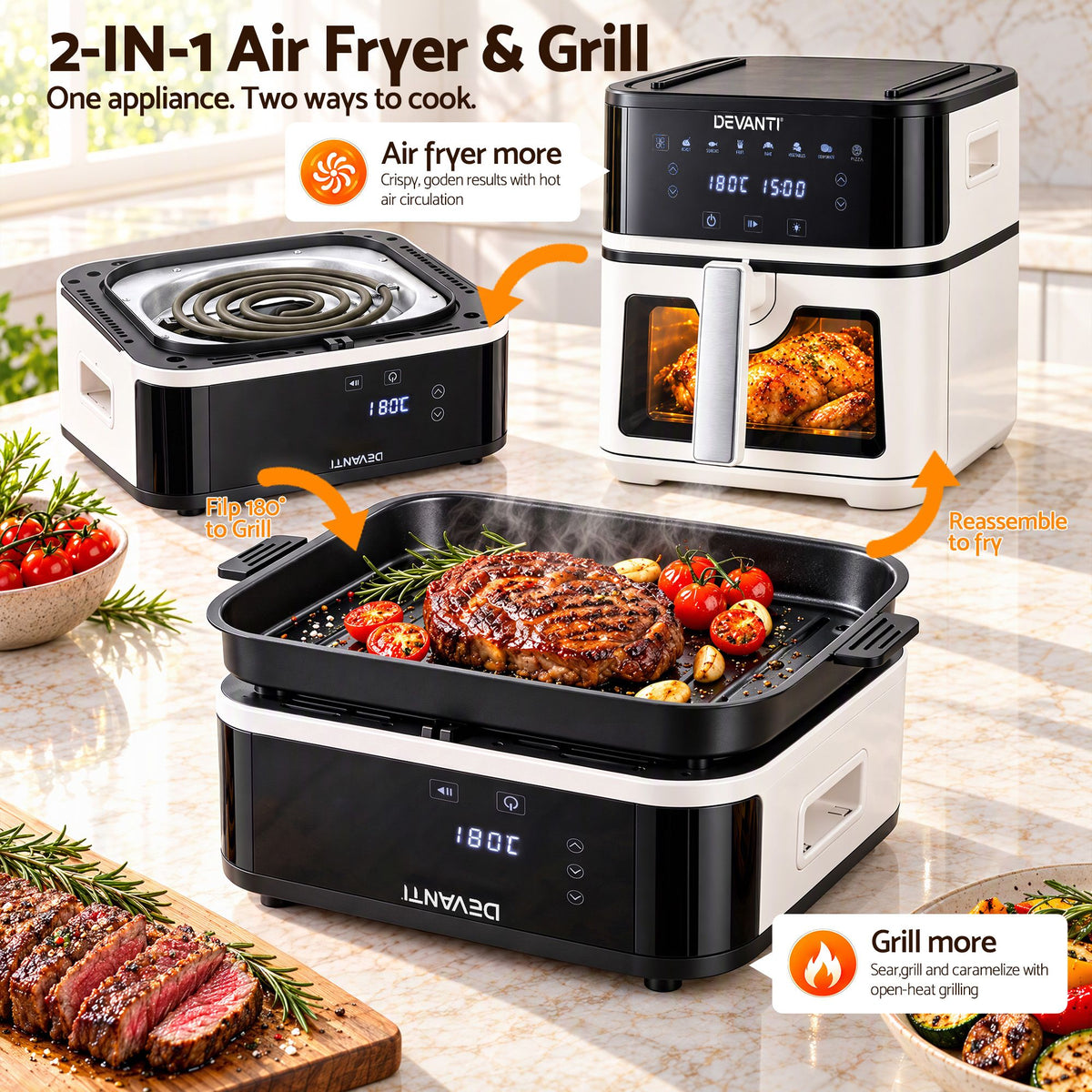 Devanti 8L Air Fryer BBQ Grill 2-in-1 Flip 1650W Touch Control Oil Free White