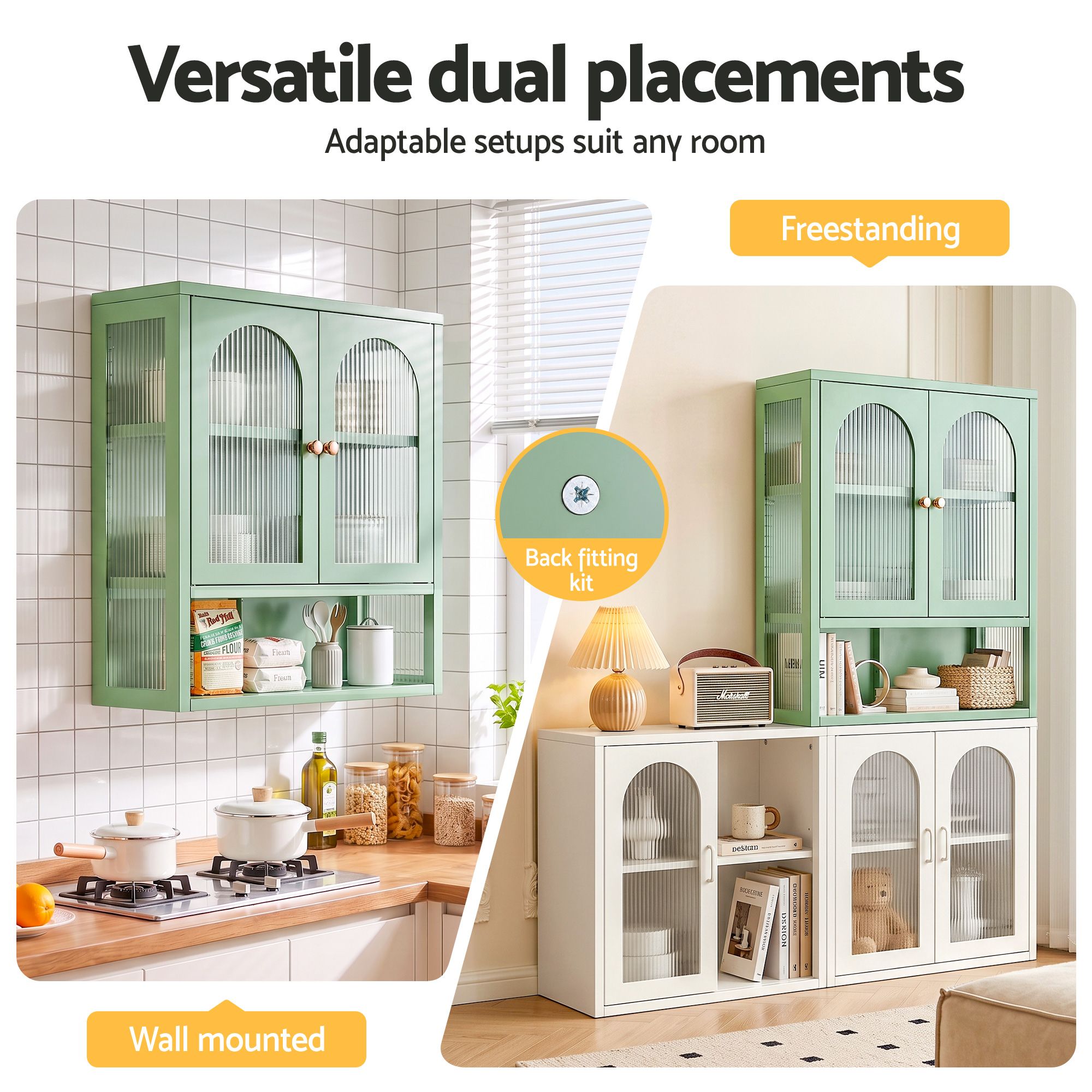 Artiss Buffet Cabinet Sideboards X2 Wall Mounted Fluted Display Storage Green