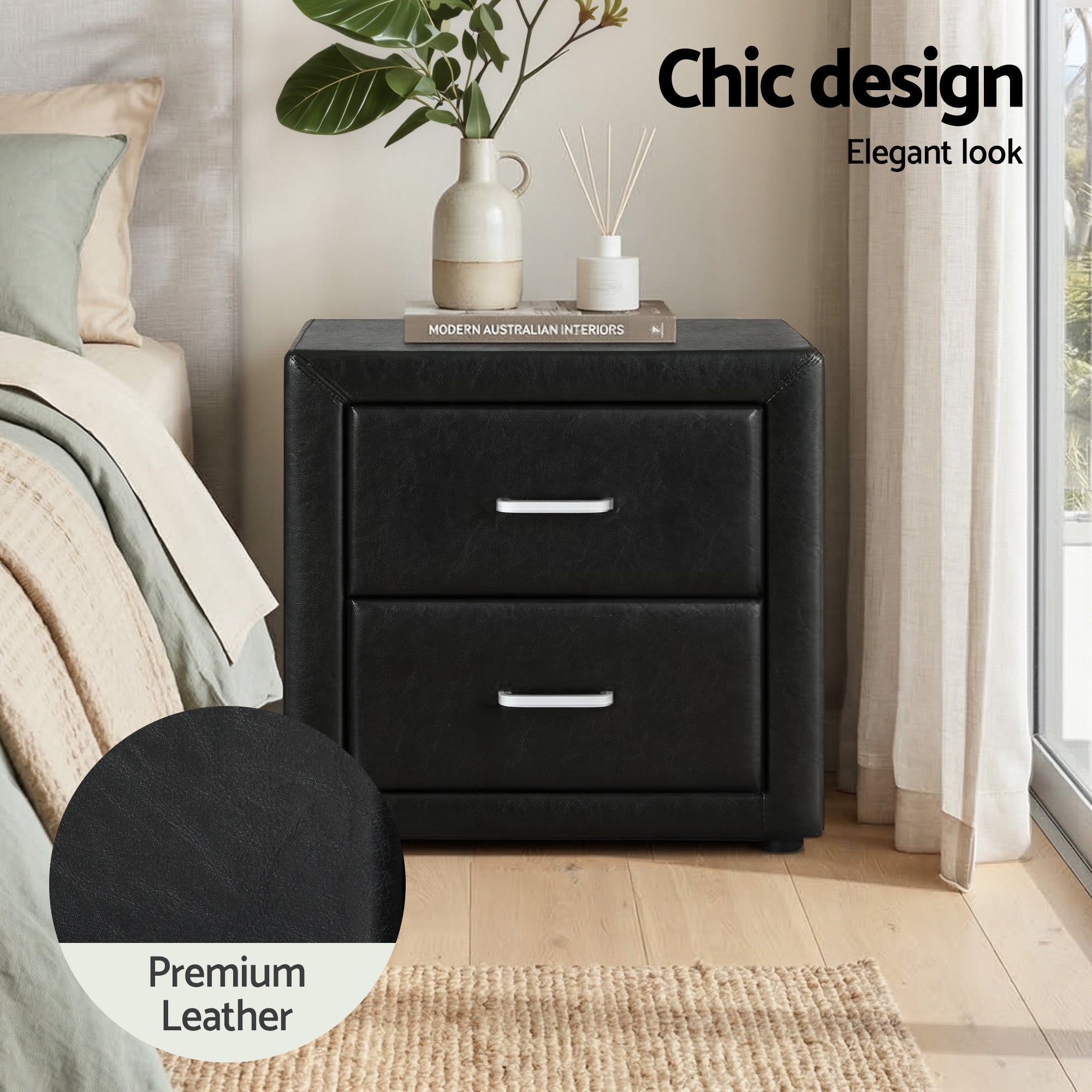 Artiss Gas Lift Queen Bed Frame and Bedside Table Set Leather Black