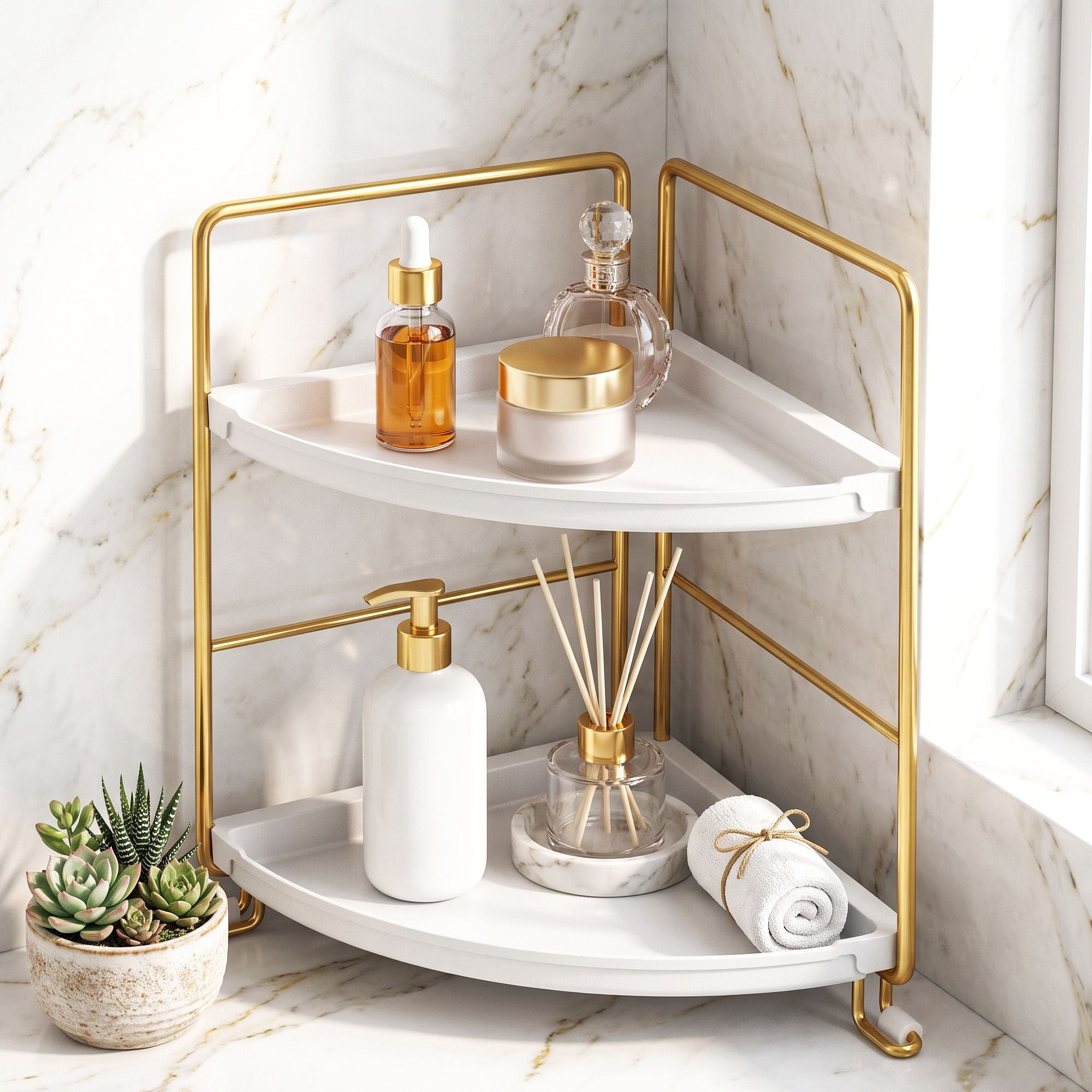 Artiss Bathroom Corner Shelf Countertop Organiser Vanity Storage Rack White Gold