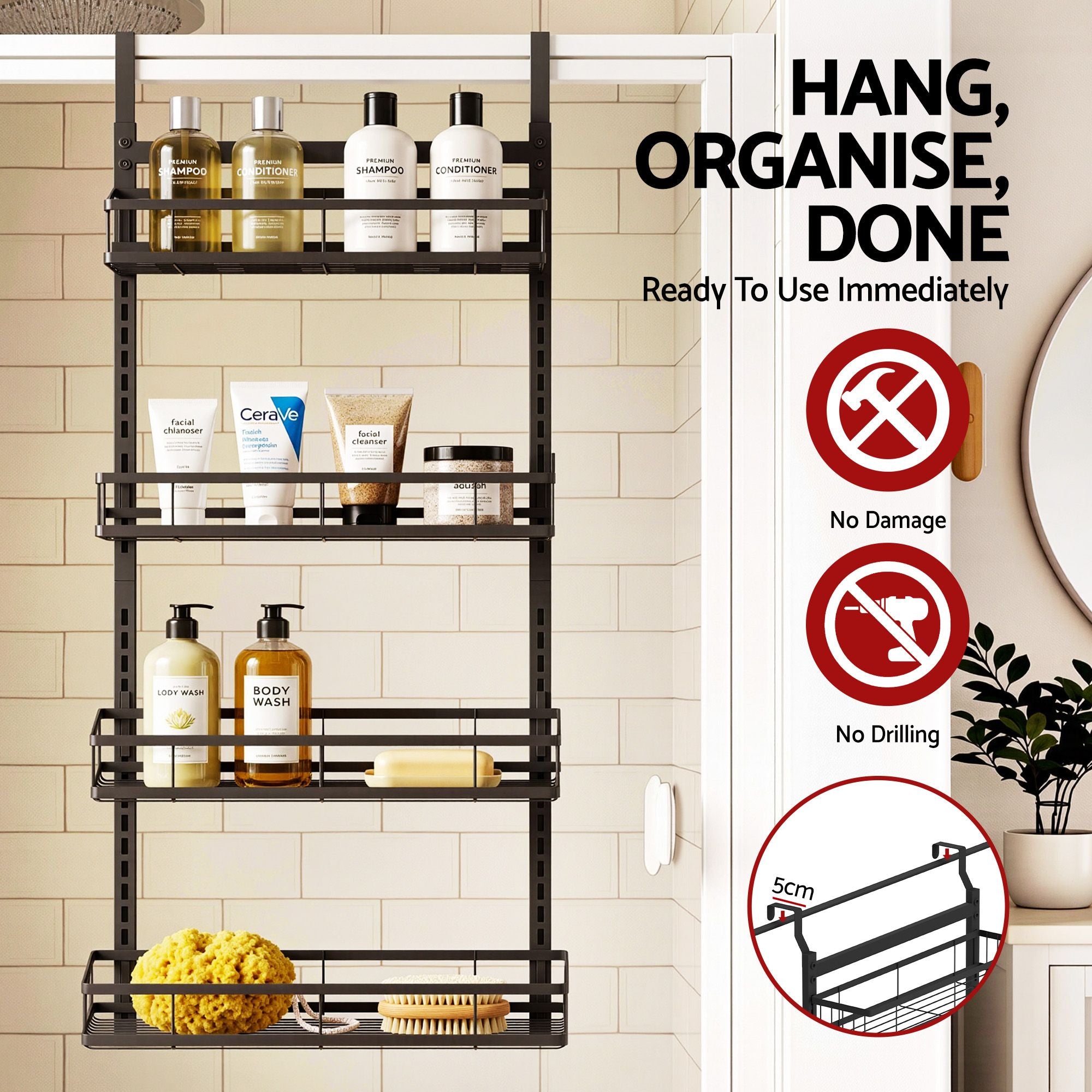 Artiss Over Door Bathroom Rack Hanging Organiser 4 Tier No Drill 91cm Black