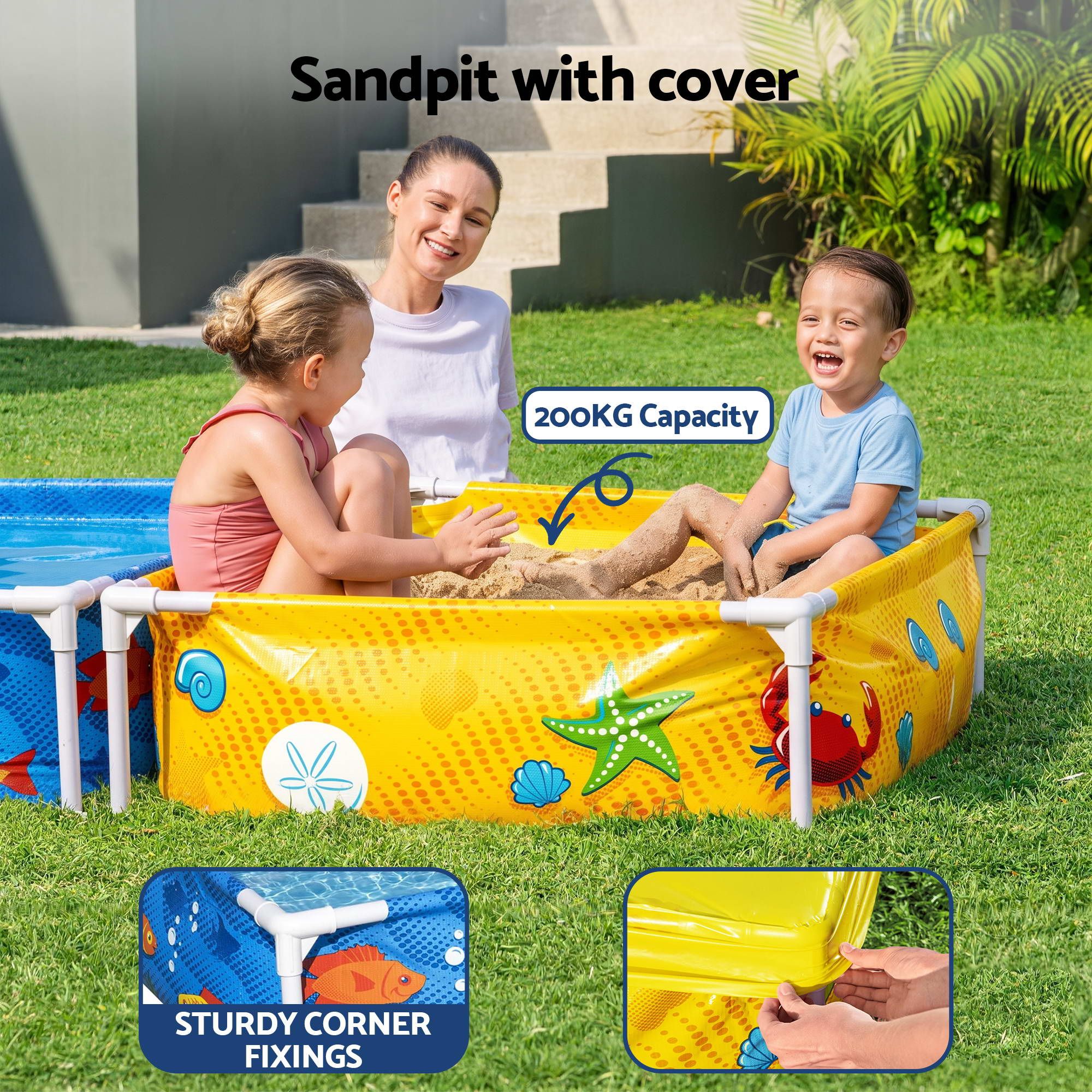 Bestway 2-in-1 Kids Pool and Sandpit Set 122cm/90cm Metal Frame Yellow Blue