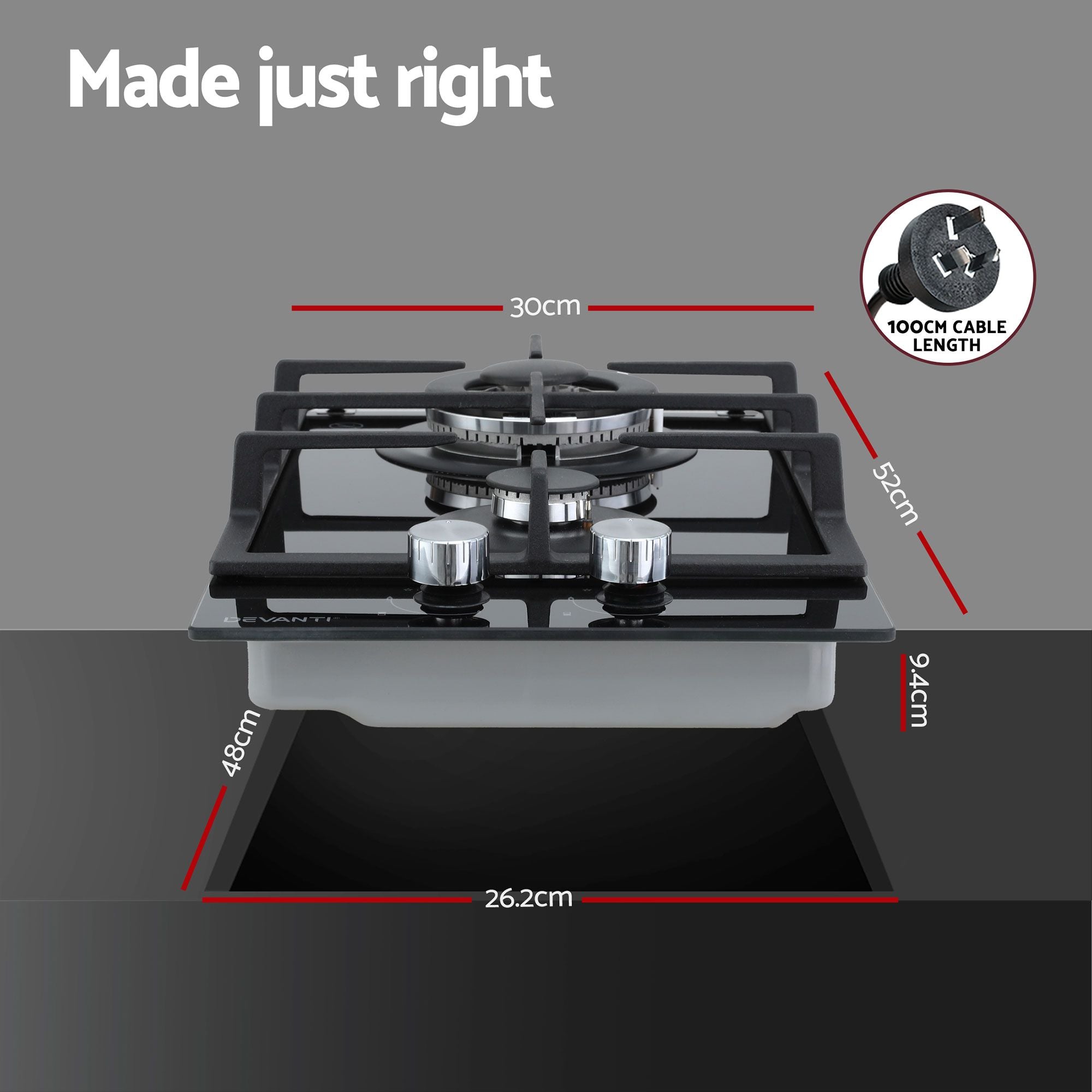Devanti Gas Cooktop 30cm 2 Burner Built-in Stove Glass Cook Top NG LPG Wok Burner