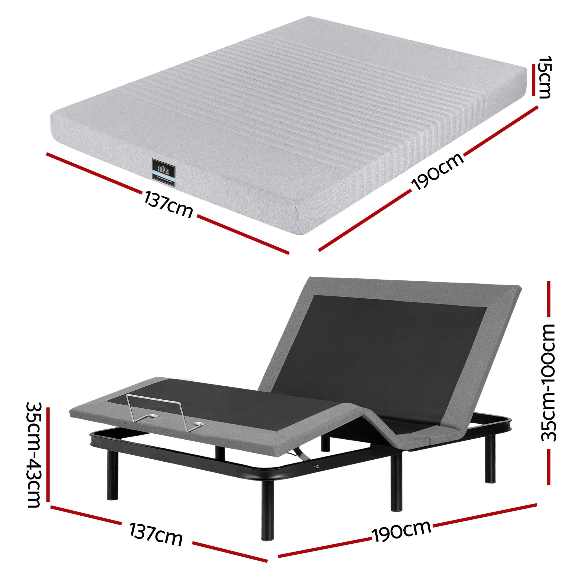 Artiss Double Bed Frame and Giselle Bedding Double Memory Foam Mattress Set, Electric Bed Base with Zero Gravity & 7 Zone Cooling Comfort for Back Pain Relief, Black & Grey,15cm Thickness