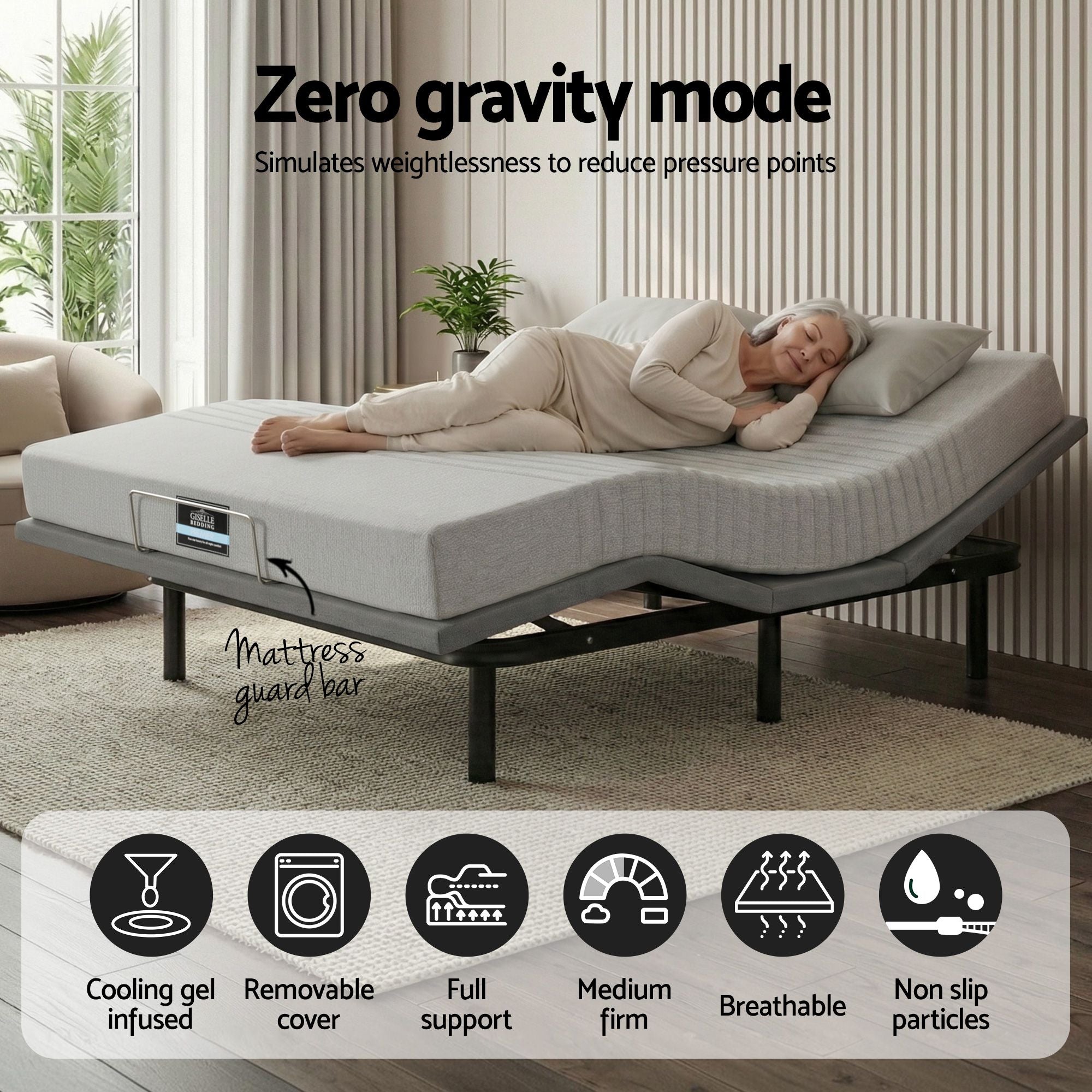 Artiss Double Bed Frame and Giselle Bedding Double Memory Foam Mattress Set, Electric Bed Base with Zero Gravity & 7 Zone Cooling Comfort for Back Pain Relief, Black & Grey,15cm Thickness