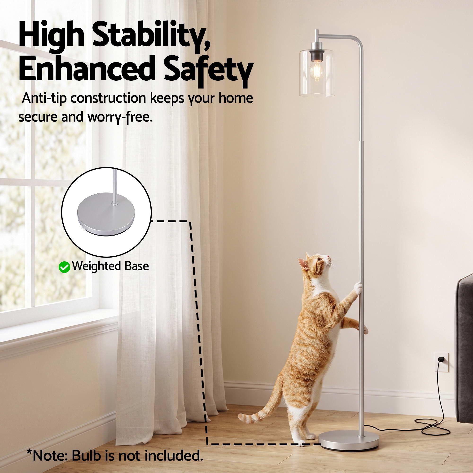 Artiss Floor Lamp Modern Industrial Standing Light with Clear Glass Shade, Silver Metal Tall Lamp for Living Room, Bedroom & Office, Anti-Tipping Weighted Base & Foot Switch (Bulb Not Included)