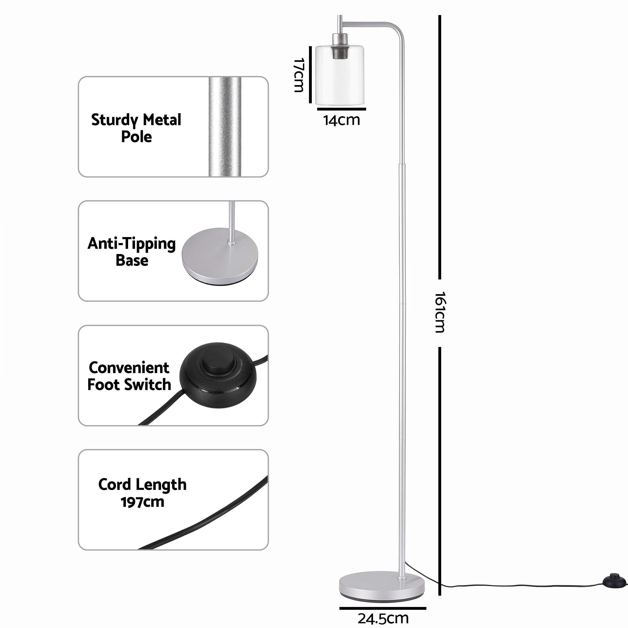 Artiss Floor Lamp Modern Industrial Standing Light with Clear Glass Shade, Silver Metal Tall Lamp for Living Room, Bedroom & Office, Anti-Tipping Weighted Base & Foot Switch (Bulb Not Included)