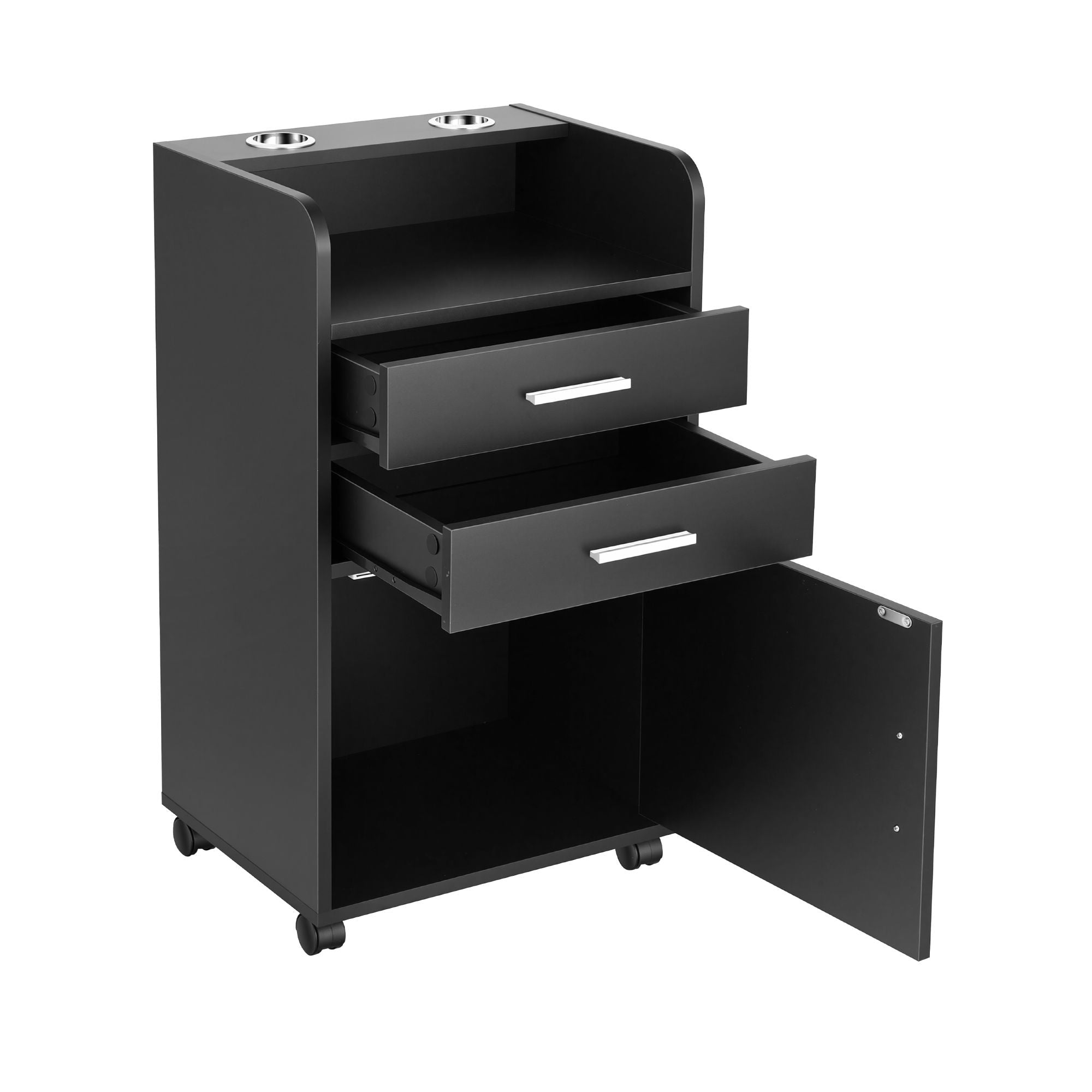 Artiss Professional Salon Station Rolling Cart, Hair Styling Beauty Cabinet with 2 Drawers & 2 Appliance Holders, Wood Barber Spa Trolley with 360° Wheels for Skincare & Vanity, Black